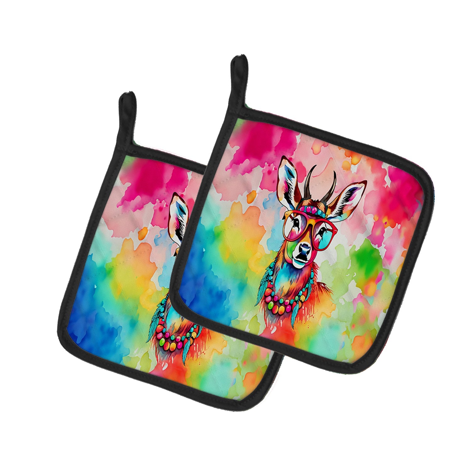 Hippie Animal Deer Pot Holder Set of 2 Heat Resistant Quilted Hot Pads 7.5 x 7.5 Inch, Insulated Kitchen Trivets for Cooking & Baking