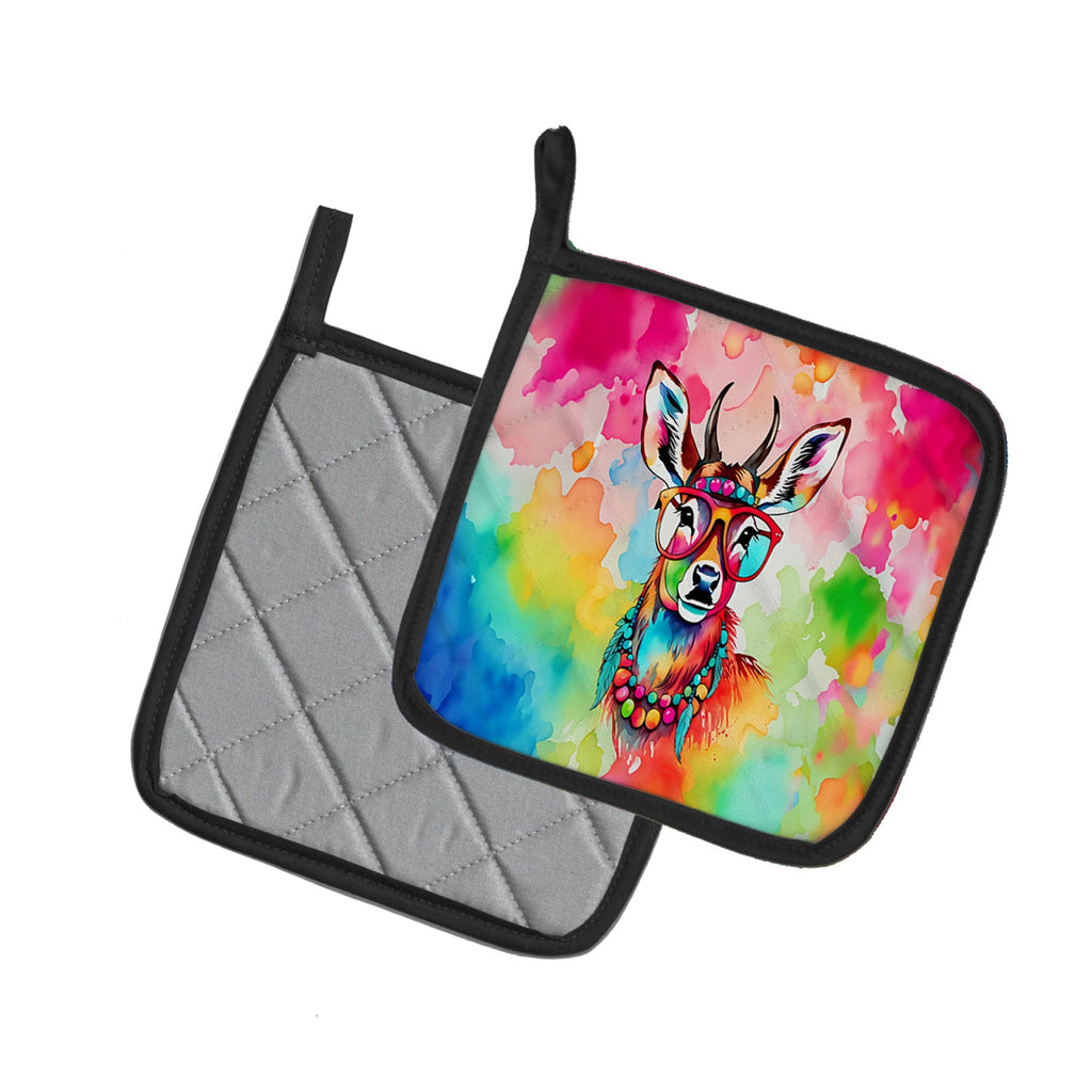 Hippie Animal Deer Pot Holder Set of 2 Heat Resistant Quilted Hot Pads 7.5 x 7.5 Inch, Insulated Kitchen Trivets for Cooking & Baking