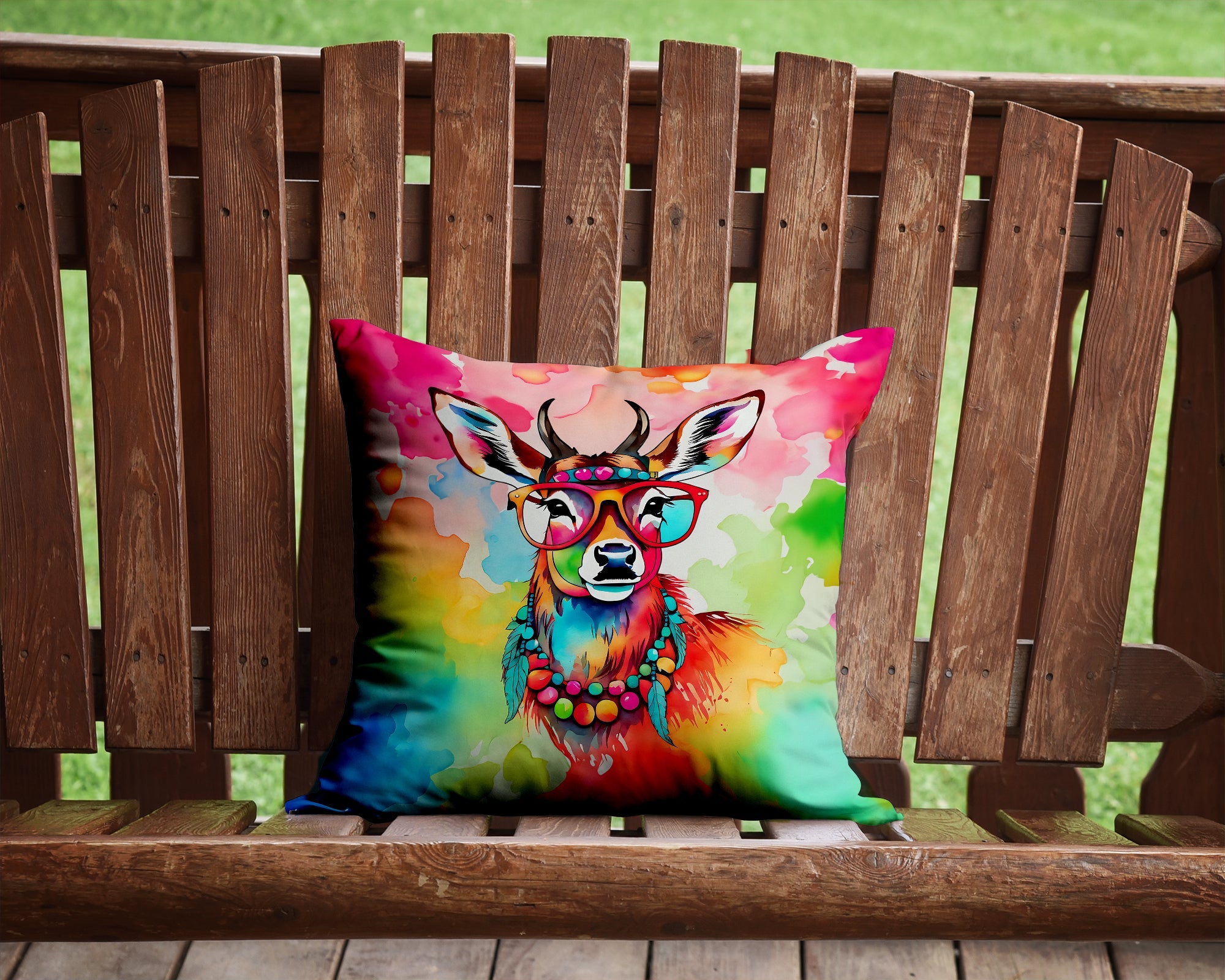Hippie Animal Deer Decorative Throw Pillow 14x14 Indoor Outdoor Accent Cushion, Fabric Cover with Insert for Sofa, Bed, Porch & Living Room