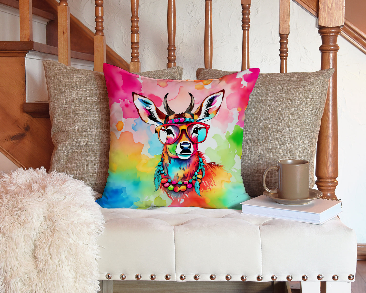 Hippie Animal Deer Decorative Throw Pillow 14x14 Indoor Outdoor Accent Cushion, Fabric Cover with Insert for Sofa, Bed, Porch & Living Room