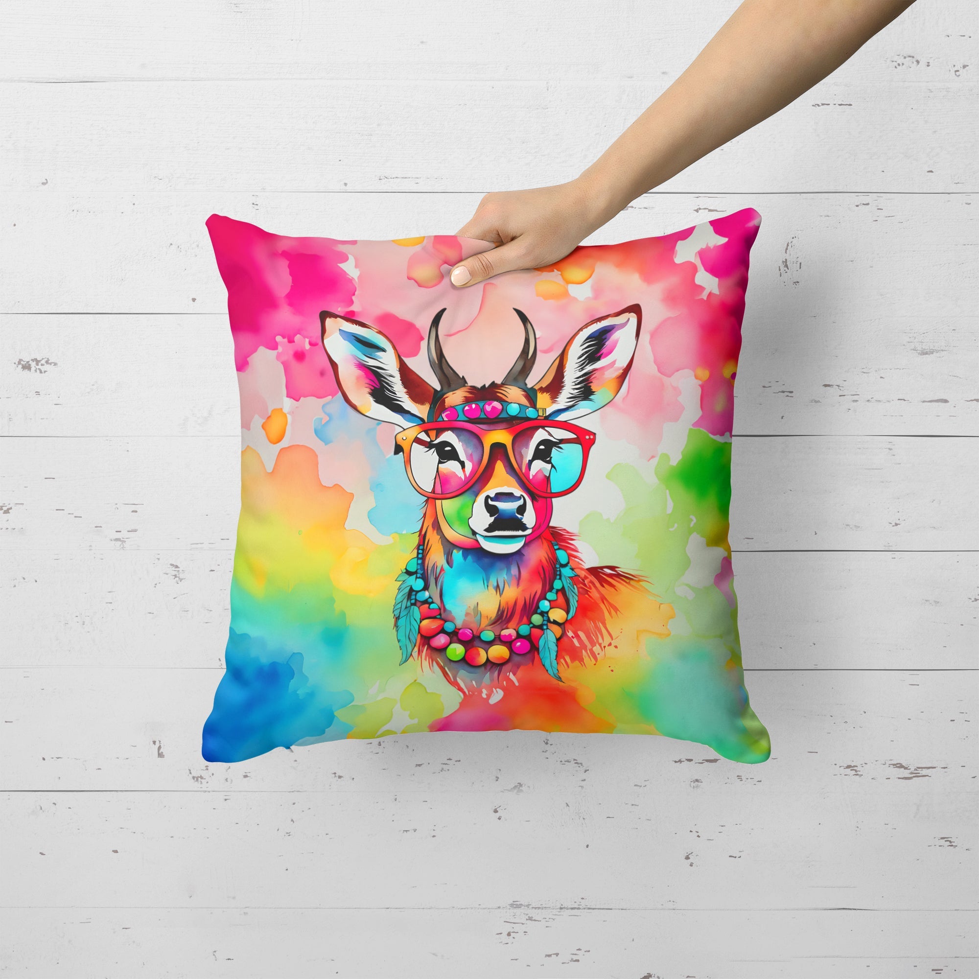 Hippie Animal Deer Decorative Throw Pillow 18x18 Indoor Outdoor Accent Cushion, Fabric Cover with Insert for Sofa, Bed, Porch & Living Room