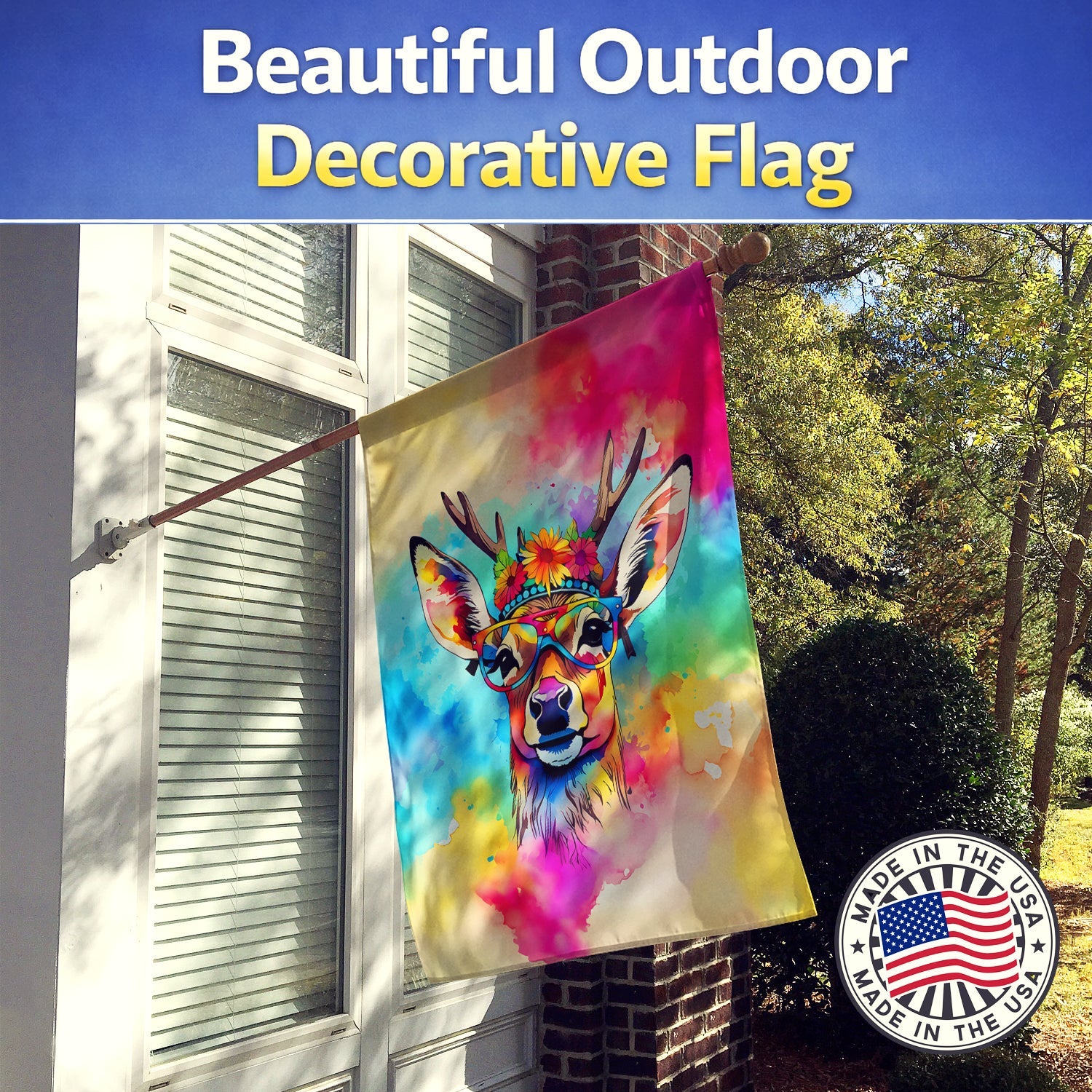 Hippie Animal Deer House Flag 28x40 Porch Sleeve Pole Decorative Outside Yard Banner Artwork Wall Hanging, Polyester
