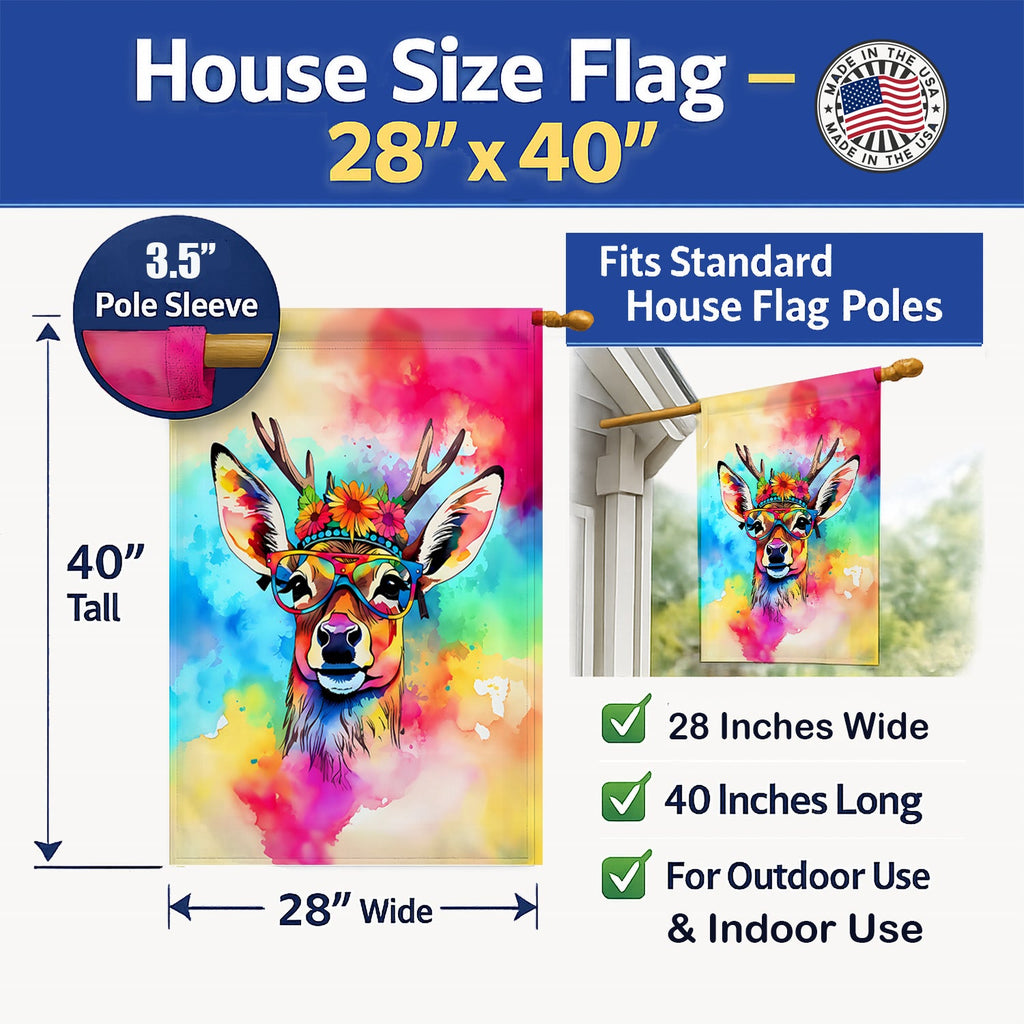 Hippie Animal Deer House Flag 28x40 Porch Sleeve Pole Decorative Outside Yard Banner Artwork Wall Hanging, Polyester