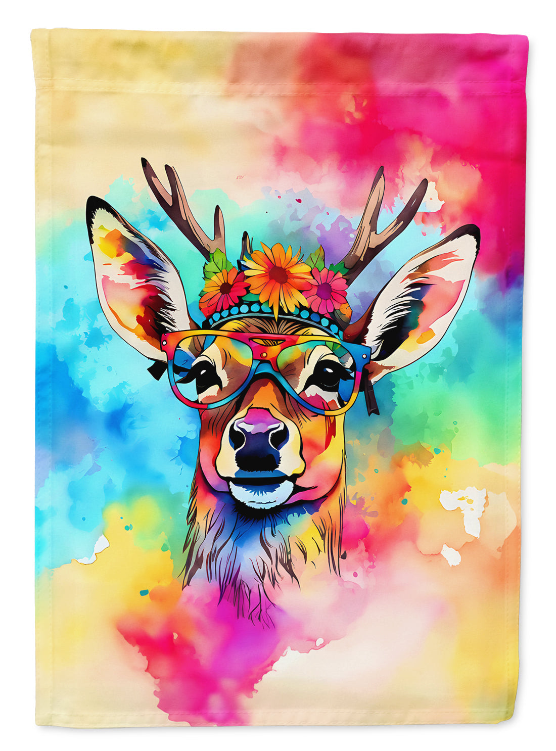 Hippie Animal Deer House Flag 28x40 Porch Sleeve Pole Decorative Outside Yard Banner Artwork Wall Hanging, Polyester