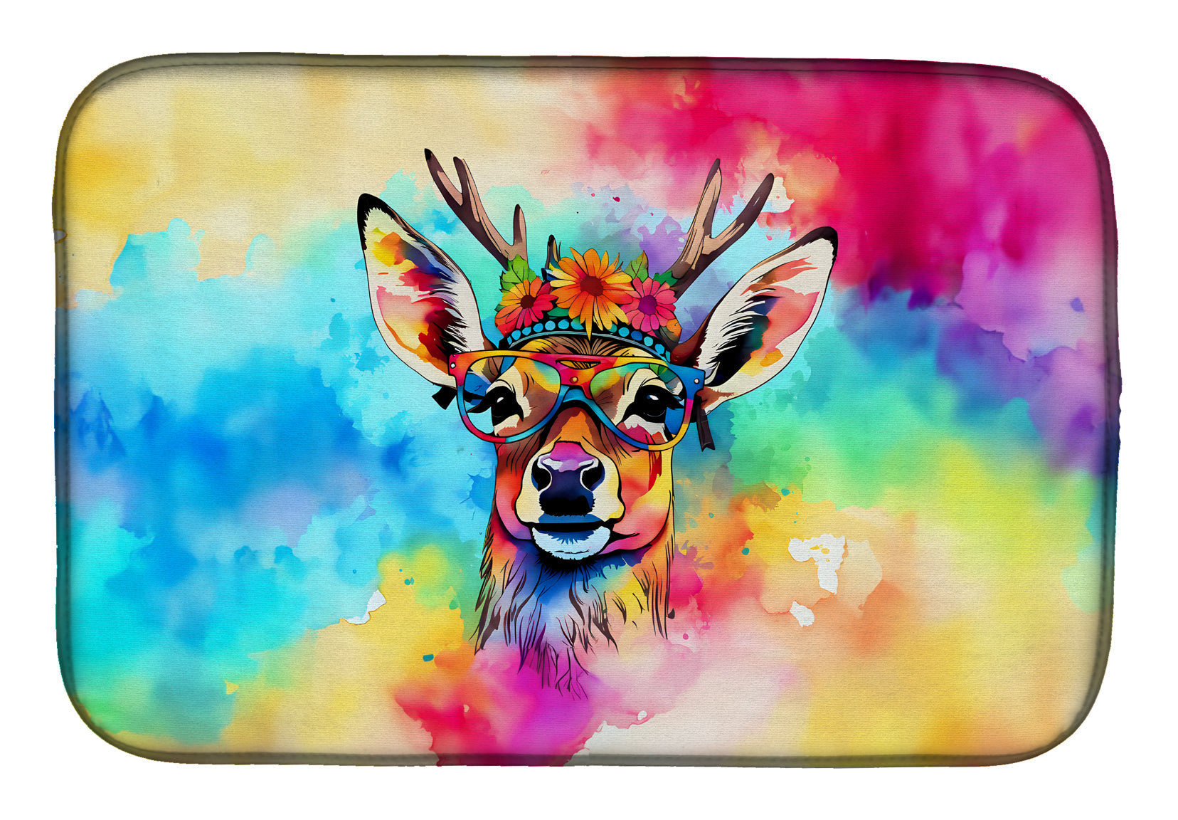 Hippie Animal Deer Dish Drying Mat Absorbent Dish Drying Mat Pad for Kitchen Counter Dish Drainer Mat for Countertop, 14 x 21", Multicolor