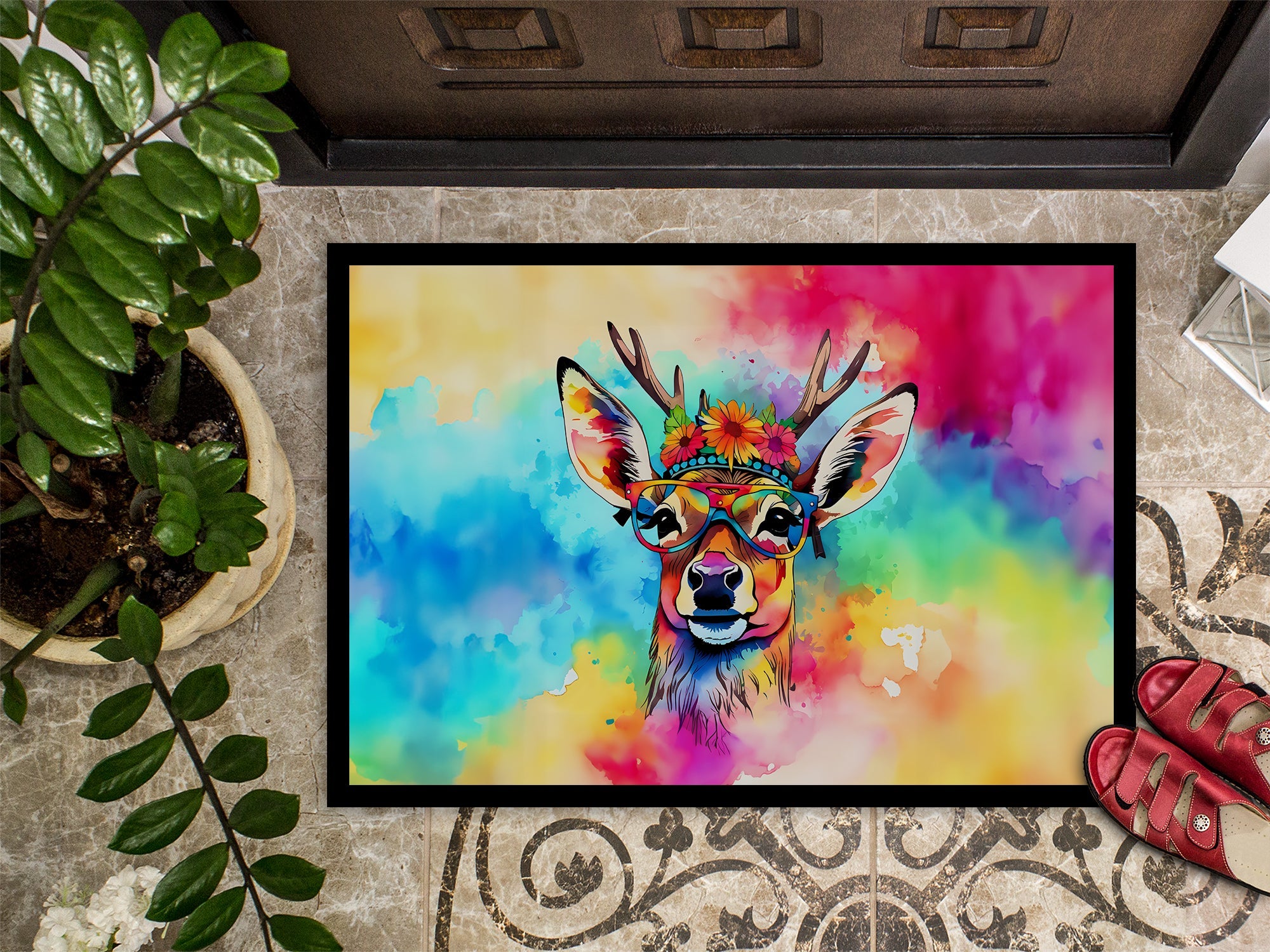 Hippie Animal Deer Doormat Indoor Outdoor 18H X 27W Front Door Mat Rugs for Entryway, Non Slip Washable