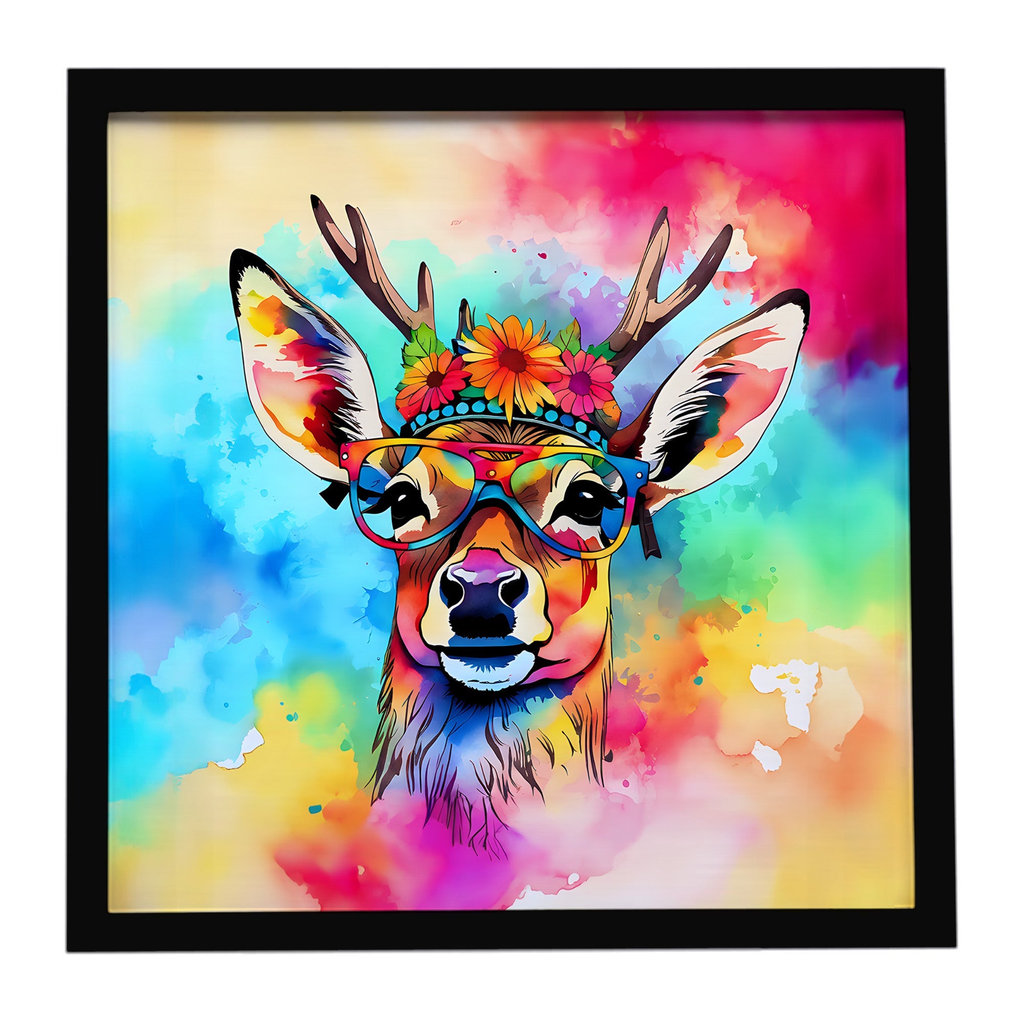 Hippie Animal Deer Framed Metal Print Bathroom, Kitchen, Office, Home Decor Wall Art Ready to Hang, Square, 8X8