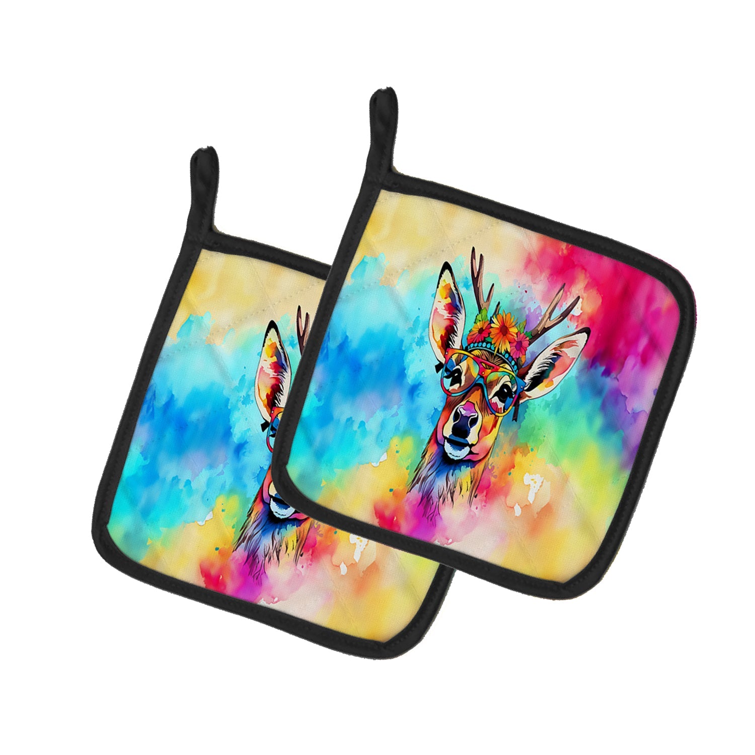 Hippie Animal Deer Pot Holder Set of 2 Heat Resistant Quilted Hot Pads 7.5 x 7.5 Inch, Insulated Kitchen Trivets for Cooking & Baking