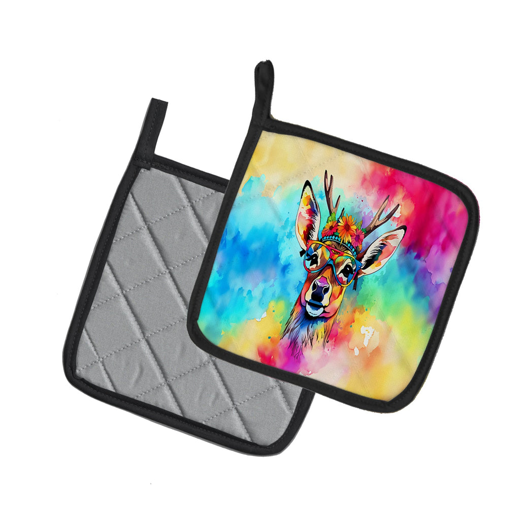 Hippie Animal Deer Pot Holder Set of 2 Heat Resistant Quilted Hot Pads 7.5 x 7.5 Inch, Insulated Kitchen Trivets for Cooking & Baking
