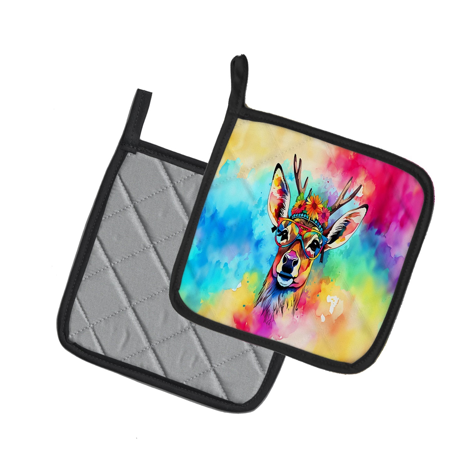 Hippie Animal Deer Pot Holder Set of 2 Heat Resistant Quilted Hot Pads 7.5 x 7.5 Inch, Insulated Kitchen Trivets for Cooking & Baking
