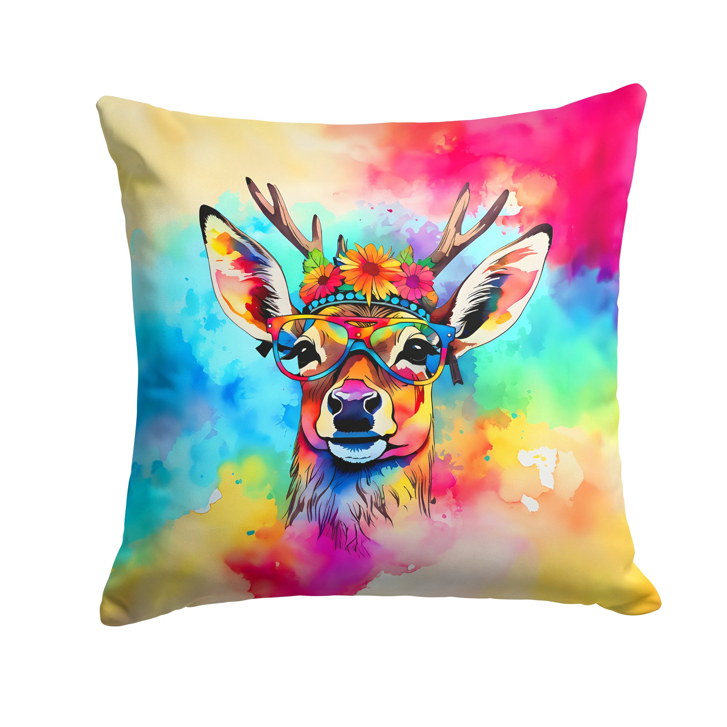 Hippie Animal Deer Decorative Throw Pillow 14x14 Indoor Outdoor Accent Cushion, Fabric Cover with Insert for Sofa, Bed, Porch & Living Room