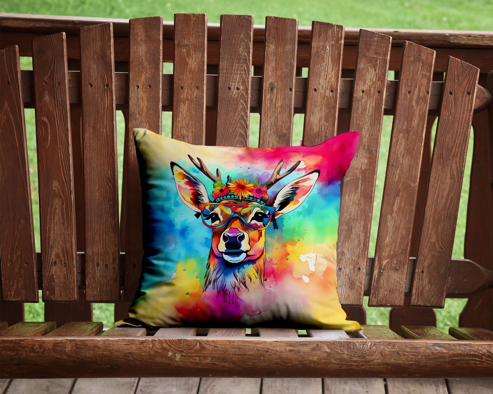 Hippie Animal Deer Decorative Throw Pillow 14x14 Indoor Outdoor Accent Cushion, Fabric Cover with Insert for Sofa, Bed, Porch & Living Room