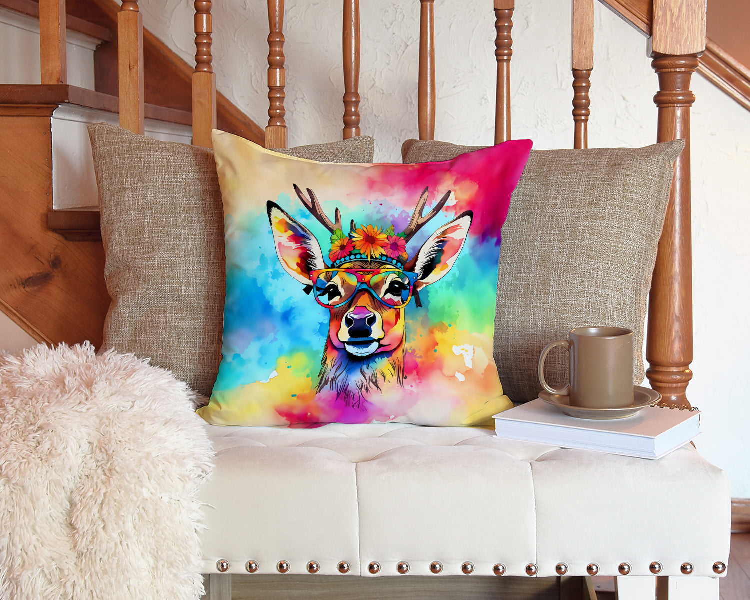 Hippie Animal Deer Decorative Throw Pillow 14x14 Indoor Outdoor Accent Cushion, Fabric Cover with Insert for Sofa, Bed, Porch & Living Room