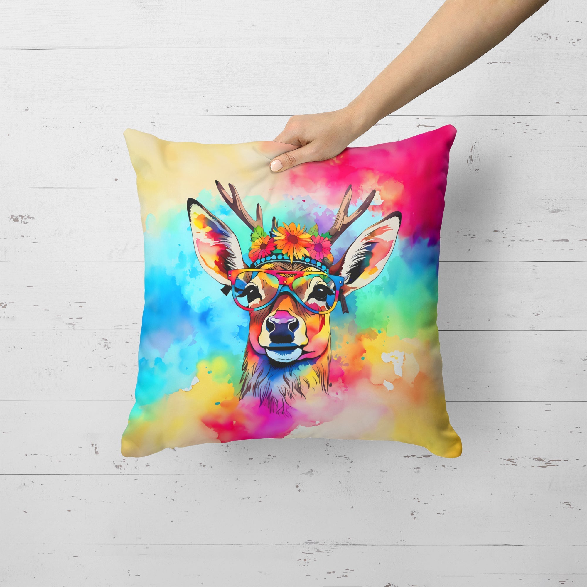 Hippie Animal Deer Decorative Throw Pillow 18x18 Indoor Outdoor Accent Cushion, Fabric Cover with Insert for Sofa, Bed, Porch & Living Room
