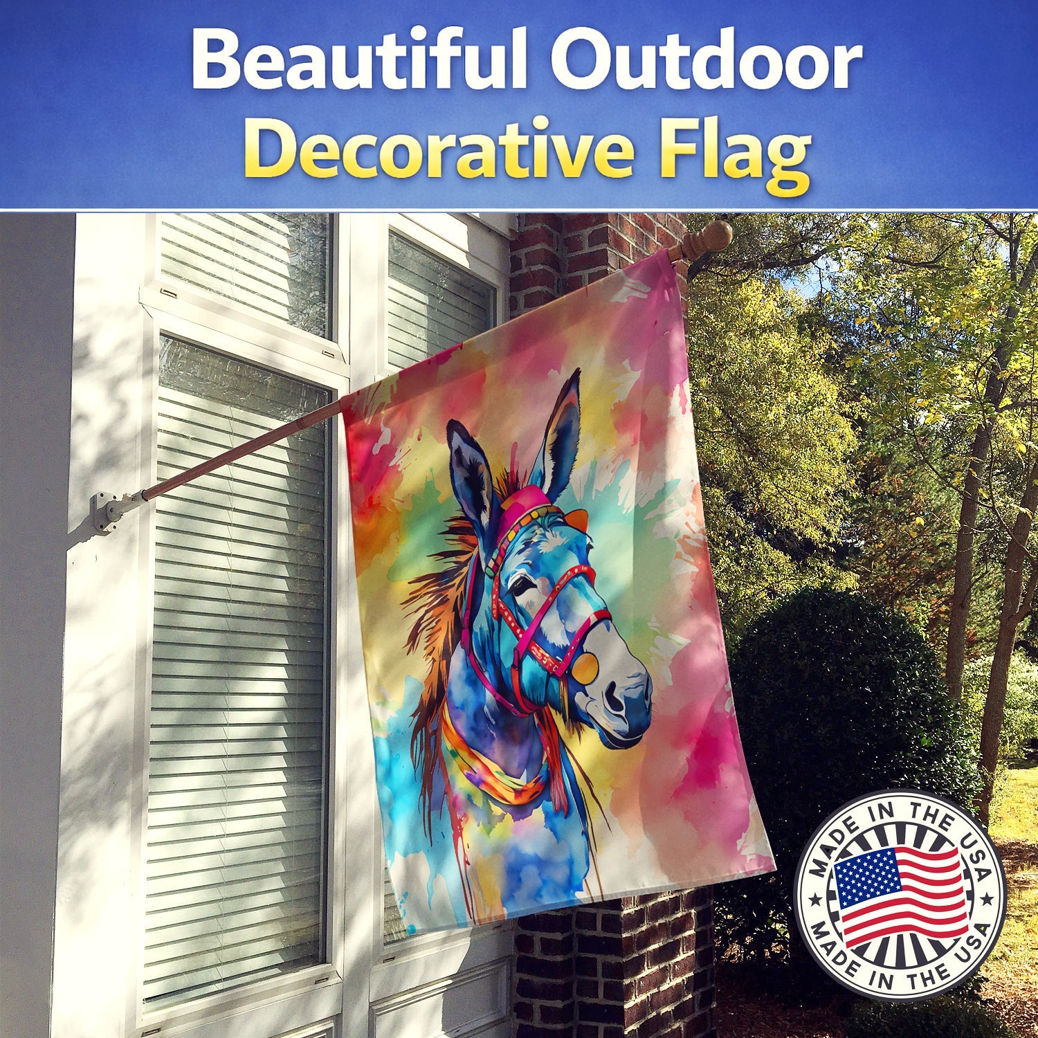 Hippie Animal Donkey House Flag 28x40 Porch Sleeve Pole Decorative Outside Yard Banner Artwork Wall Hanging, Polyester