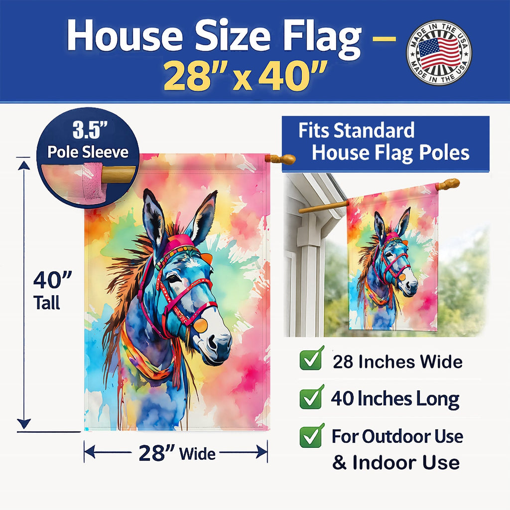 Hippie Animal Donkey House Flag 28x40 Porch Sleeve Pole Decorative Outside Yard Banner Artwork Wall Hanging, Polyester