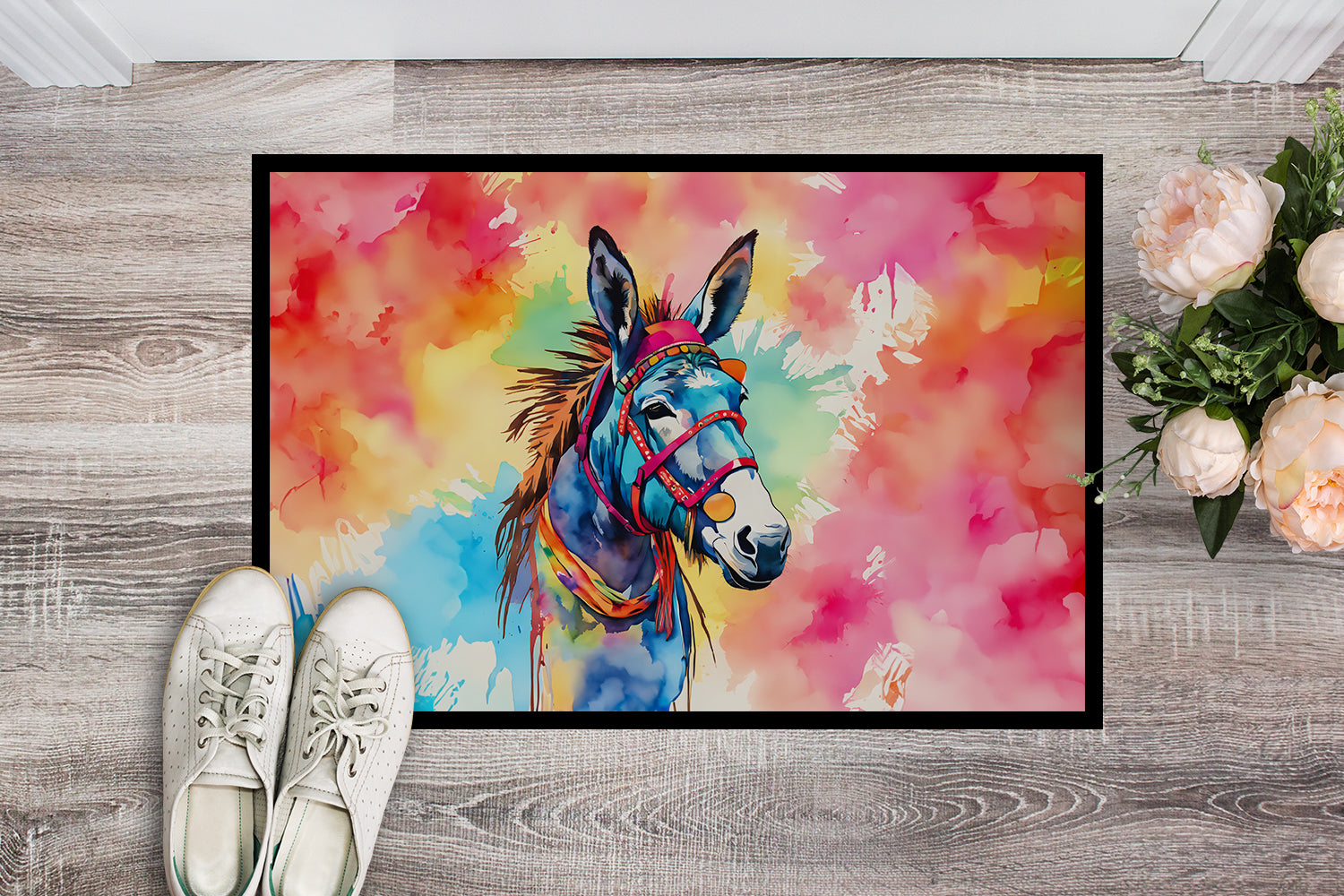 Hippie Animal Donkey Doormat Indoor Outdoor 24H X 36W Front Door Mat Rugs for Entryway, Non Slip Washable Low Pile,