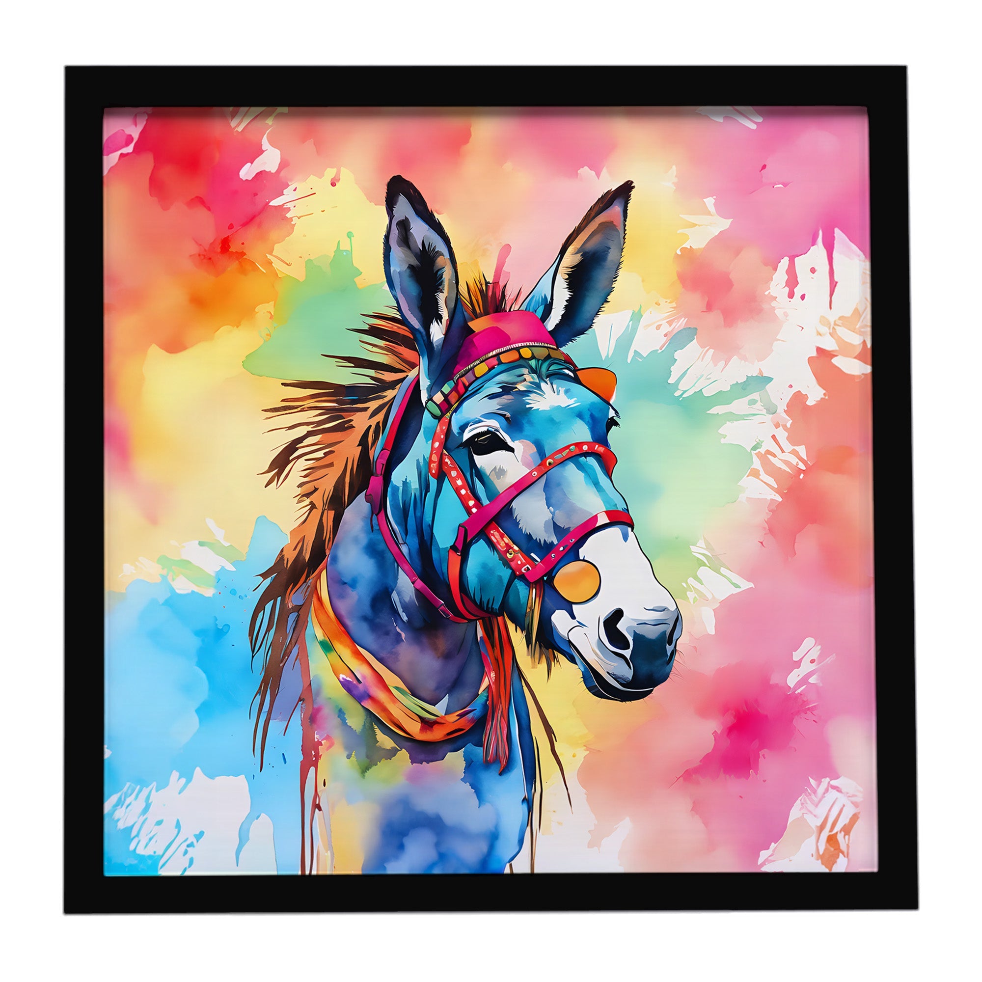 Hippie Animal Donkey Framed Metal Print Bathroom, Kitchen, Office, Home Decor Wall Art Ready to Hang, Square, 8X8