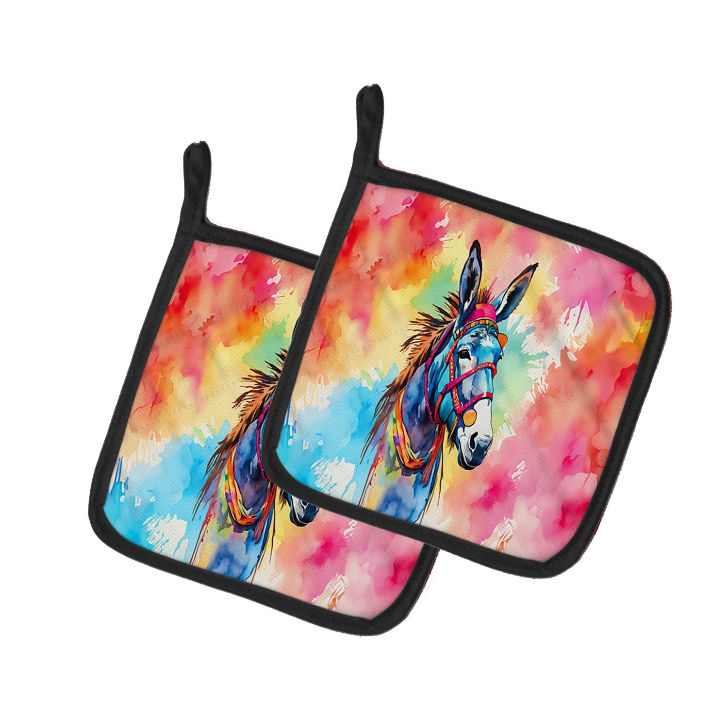 Hippie Animal Donkey Pot Holder Set of 2 Heat Resistant Quilted Hot Pads 7.5 x 7.5 Inch, Insulated Kitchen Trivets for Cooking & Baking