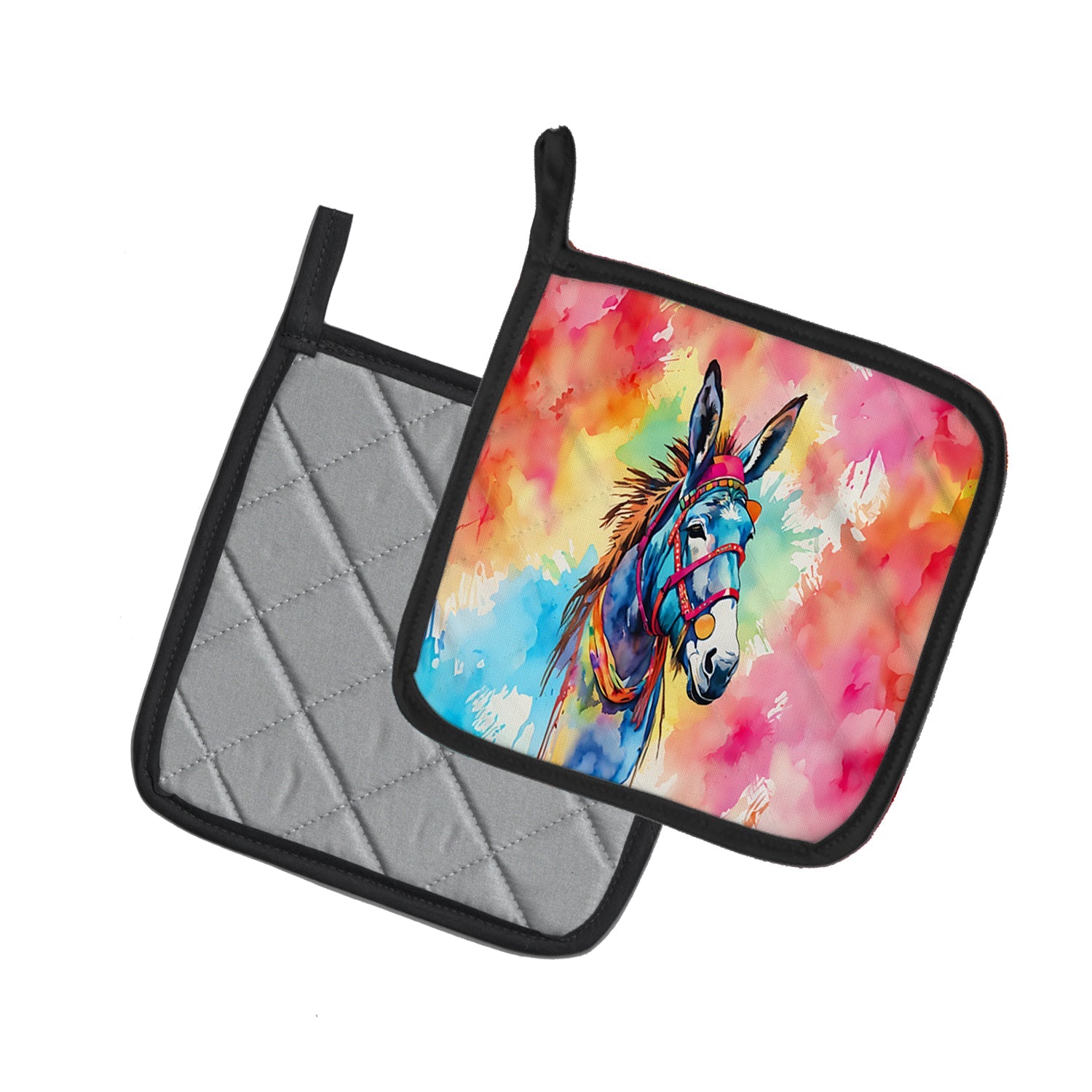 Hippie Animal Donkey Pot Holder Set of 2 Heat Resistant Quilted Hot Pads 7.5 x 7.5 Inch, Insulated Kitchen Trivets for Cooking & Baking