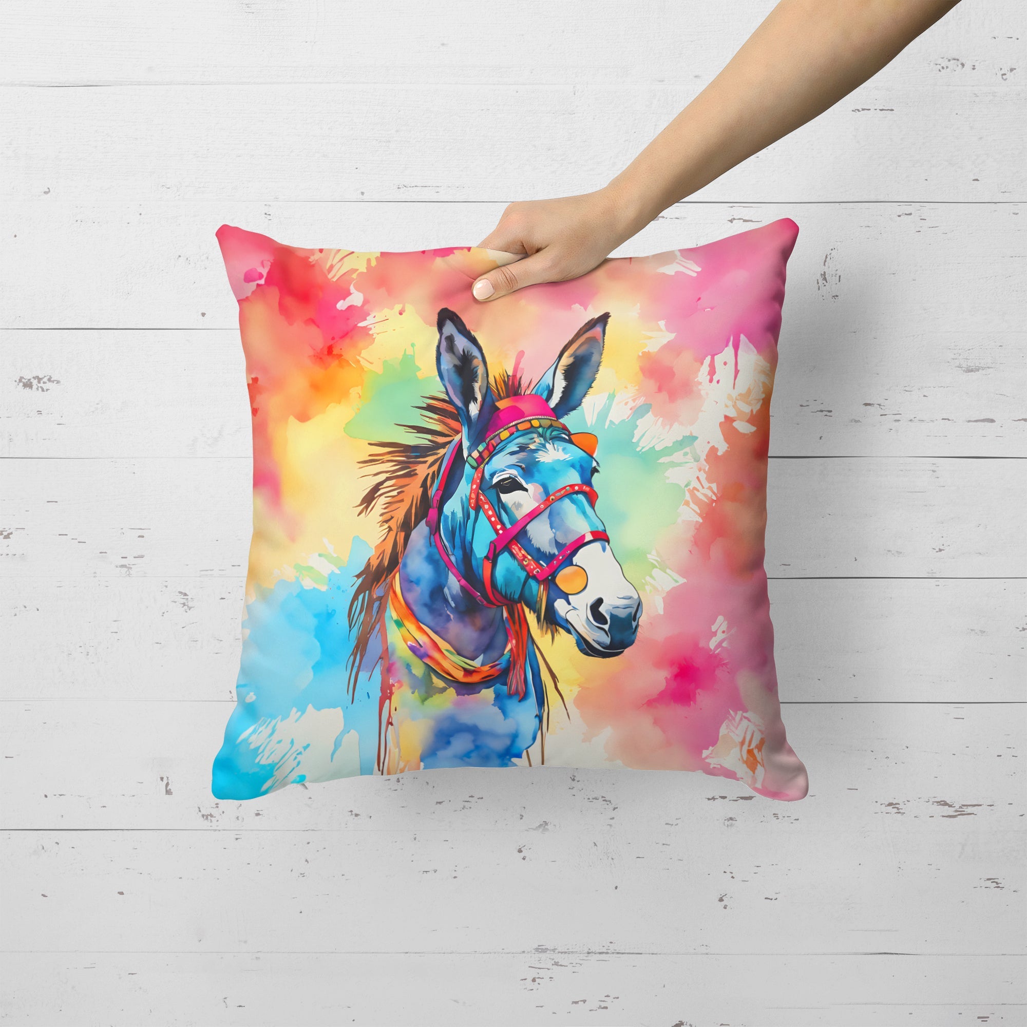 Hippie Animal Donkey Decorative Throw Pillow 18x18 Indoor Outdoor Accent Cushion, Fabric Cover with Insert for Sofa, Bed, Porch & Living Room