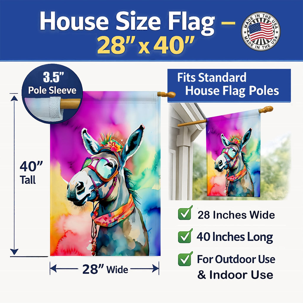 Hippie Animal Donkey House Flag 28x40 Porch Sleeve Pole Decorative Outside Yard Banner Artwork Wall Hanging, Polyester