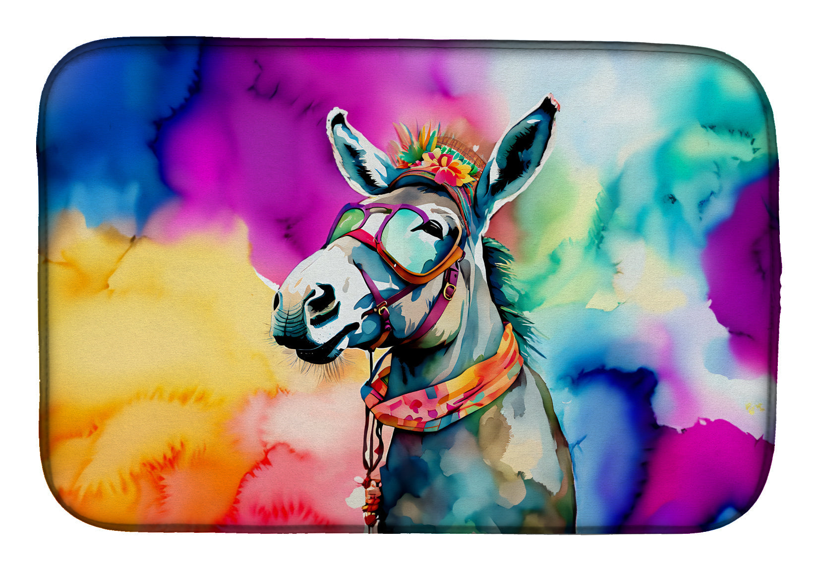 Hippie Animal Donkey Dish Drying Mat Absorbent Dish Drying Mat Pad for Kitchen Counter Dish Drainer Mat for Countertop, 14 x 21", Multicolor