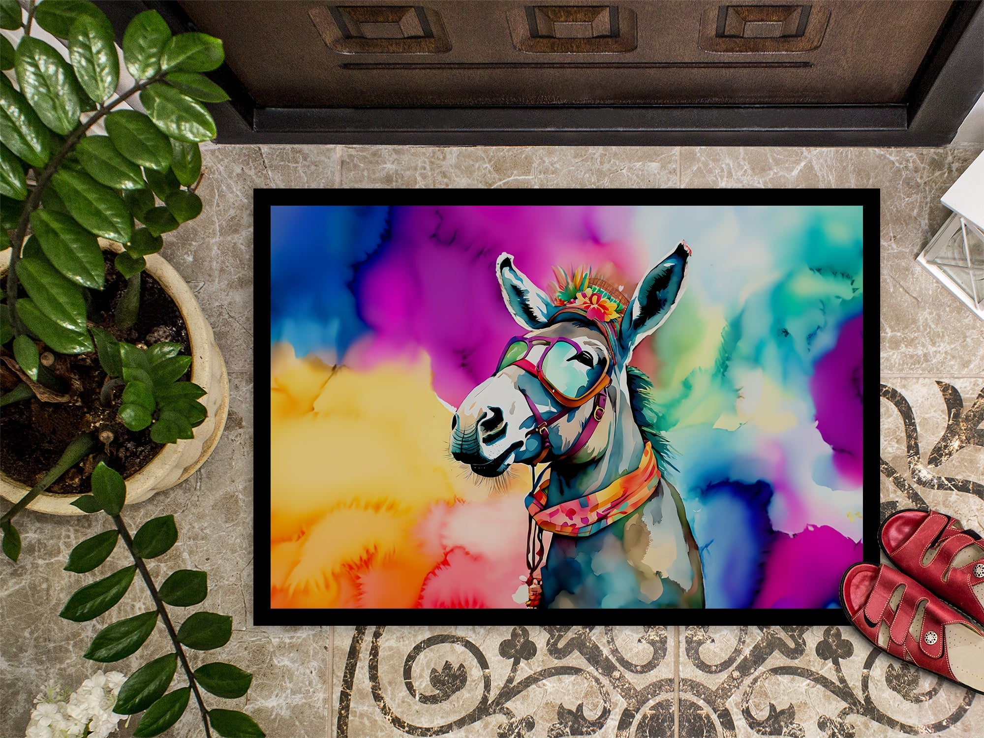 Hippie Animal Donkey Doormat Indoor Outdoor 18H X 27W Front Door Mat Rugs for Entryway, Non Slip Washable