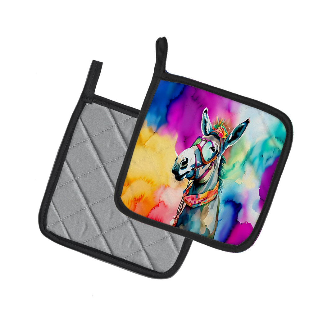 Hippie Animal Donkey Pot Holder Set of 2 Heat Resistant Quilted Hot Pads 7.5 x 7.5 Inch, Insulated Kitchen Trivets for Cooking & Baking