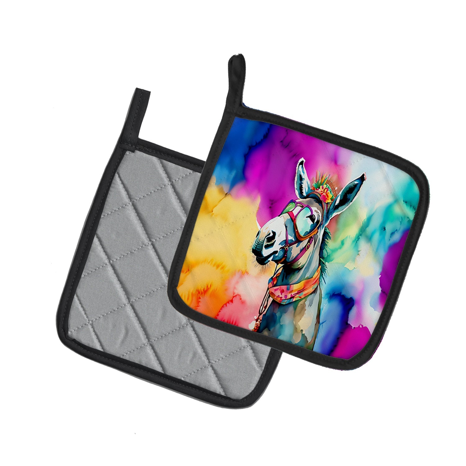 Hippie Animal Donkey Pot Holder Set of 2 Heat Resistant Quilted Hot Pads 7.5 x 7.5 Inch, Insulated Kitchen Trivets for Cooking & Baking