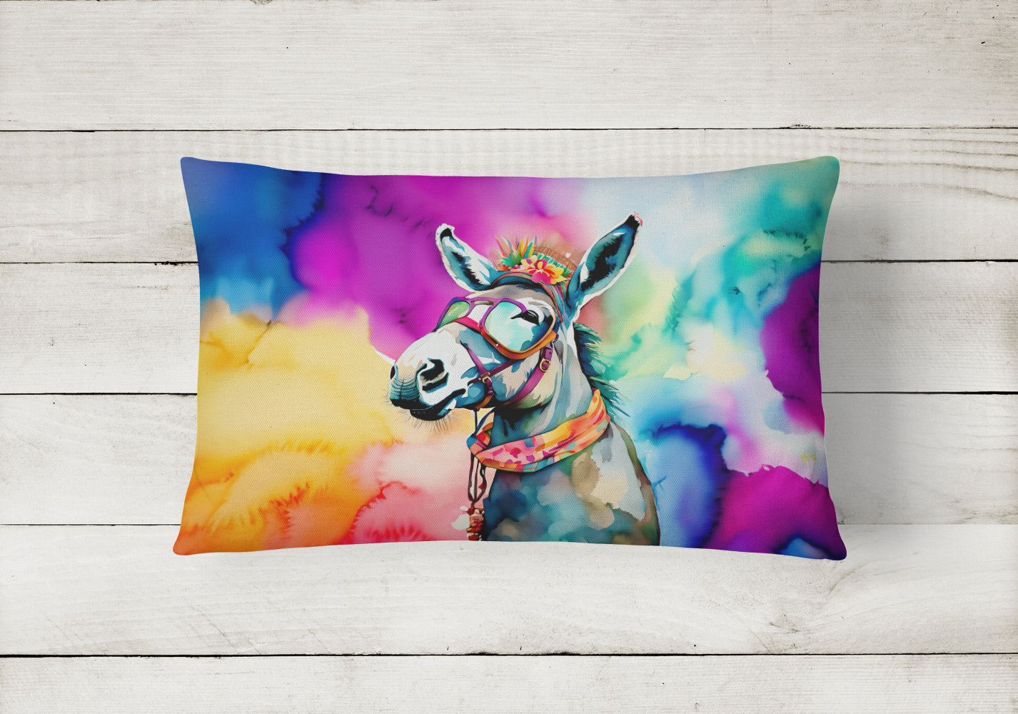 Hippie Animal Donkey Decorative Throw Pillow 12x16 Indoor Outdoor Accent Cushion, Fabric Cover with Insert for Sofa, Bed, Porch & Living Room