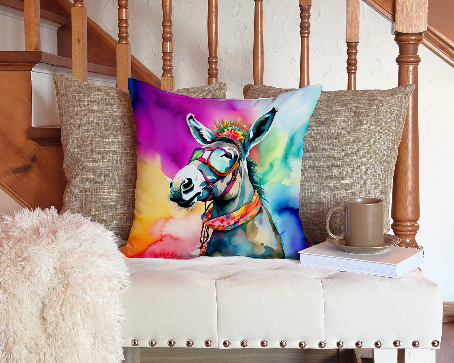 Hippie Animal Donkey Decorative Throw Pillow 14x14 Indoor Outdoor Accent Cushion, Fabric Cover with Insert for Sofa, Bed, Porch & Living Room