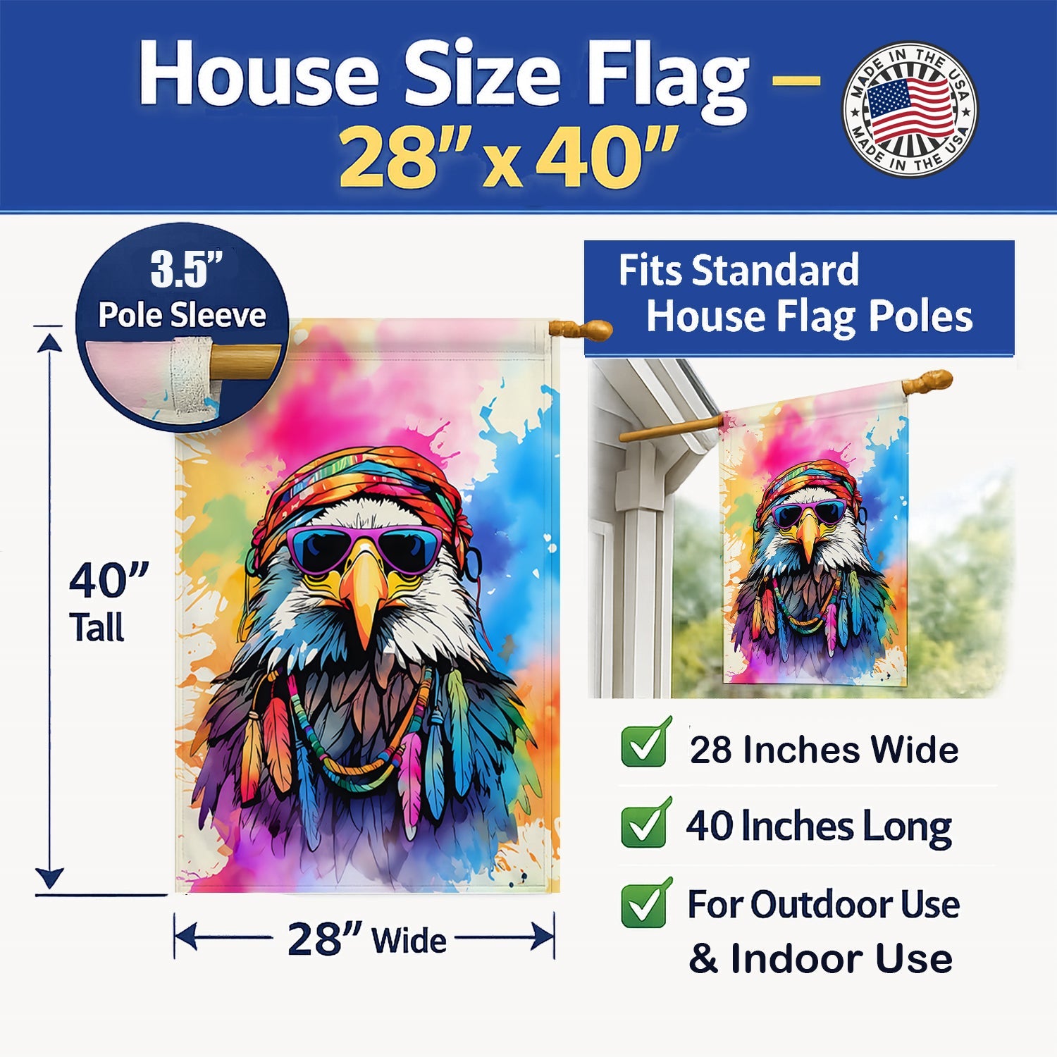 Hippie Animal Eagle House Flag 28x40 Porch Sleeve Pole Decorative Outside Yard Banner Artwork Wall Hanging, Polyester