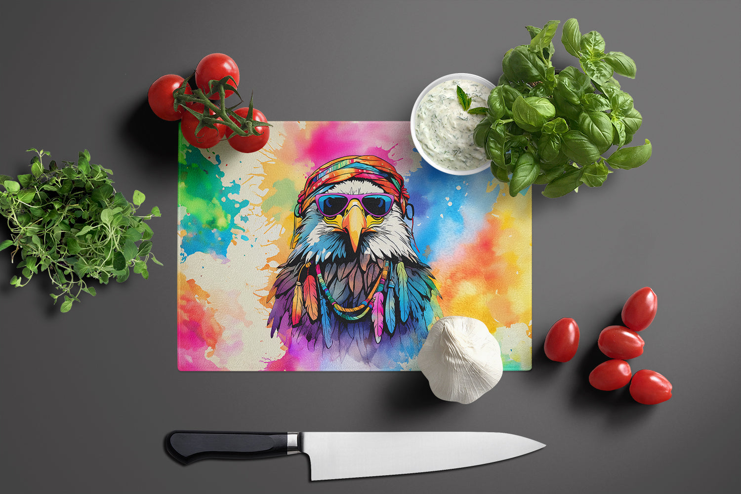 Hippie Animal Eagle Cutting Board Tempered Glass Kitchen Cutting Surface, Heat Resistant Chopping, Non-Slip Feet, Food Prep & Serving
