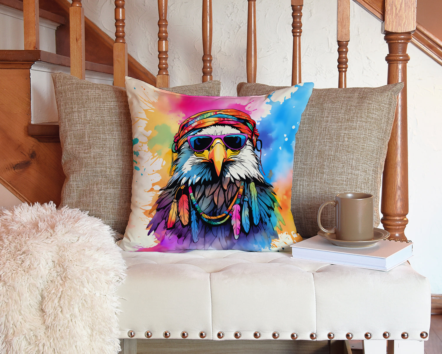Hippie Animal Eagle Decorative Throw Pillow 14x14 Indoor Outdoor Accent Cushion, Fabric Cover with Insert for Sofa, Bed, Porch & Living Room