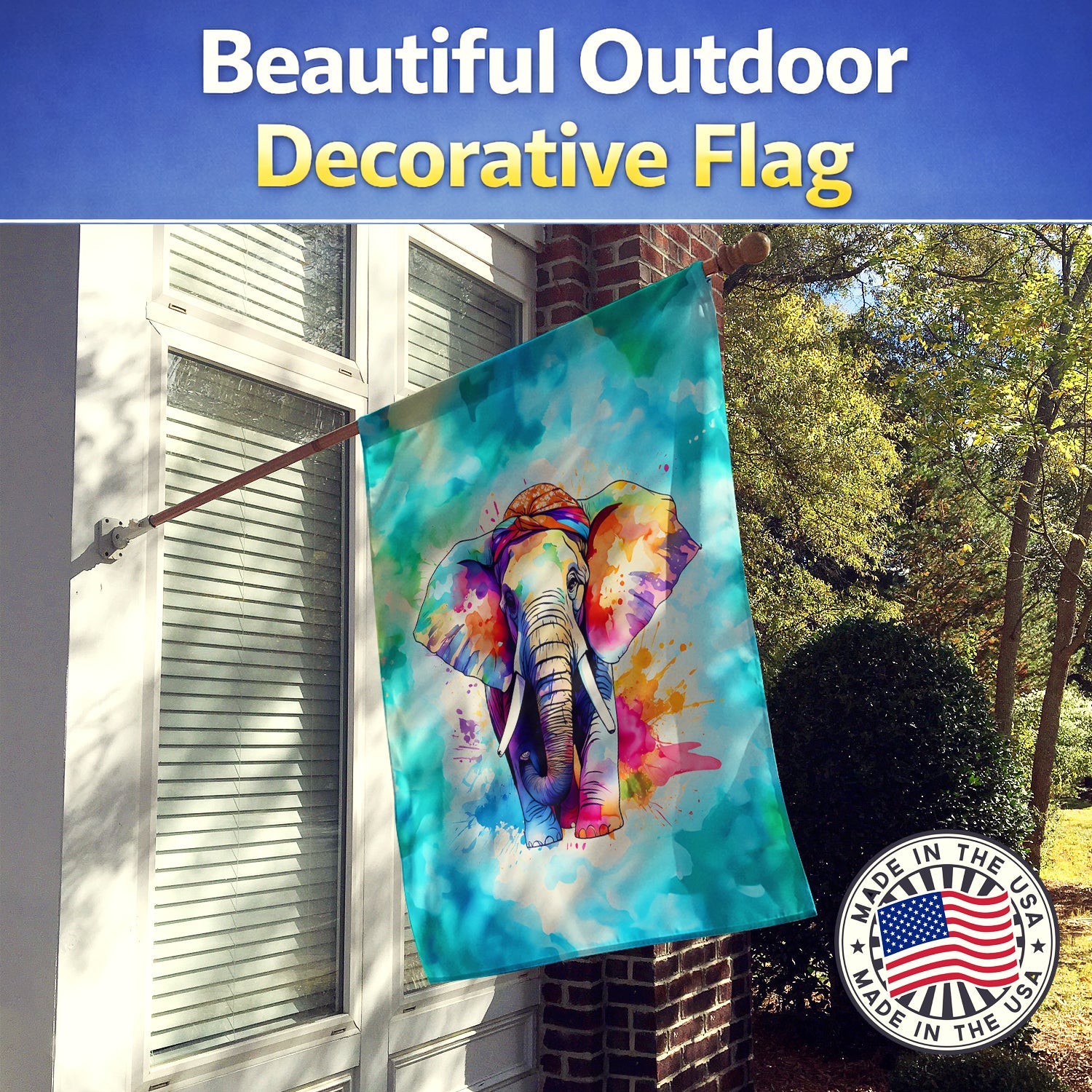 Hippie Animal Elephant House Flag 28x40 Porch Sleeve Pole Decorative Outside Yard Banner Artwork Wall Hanging, Polyester