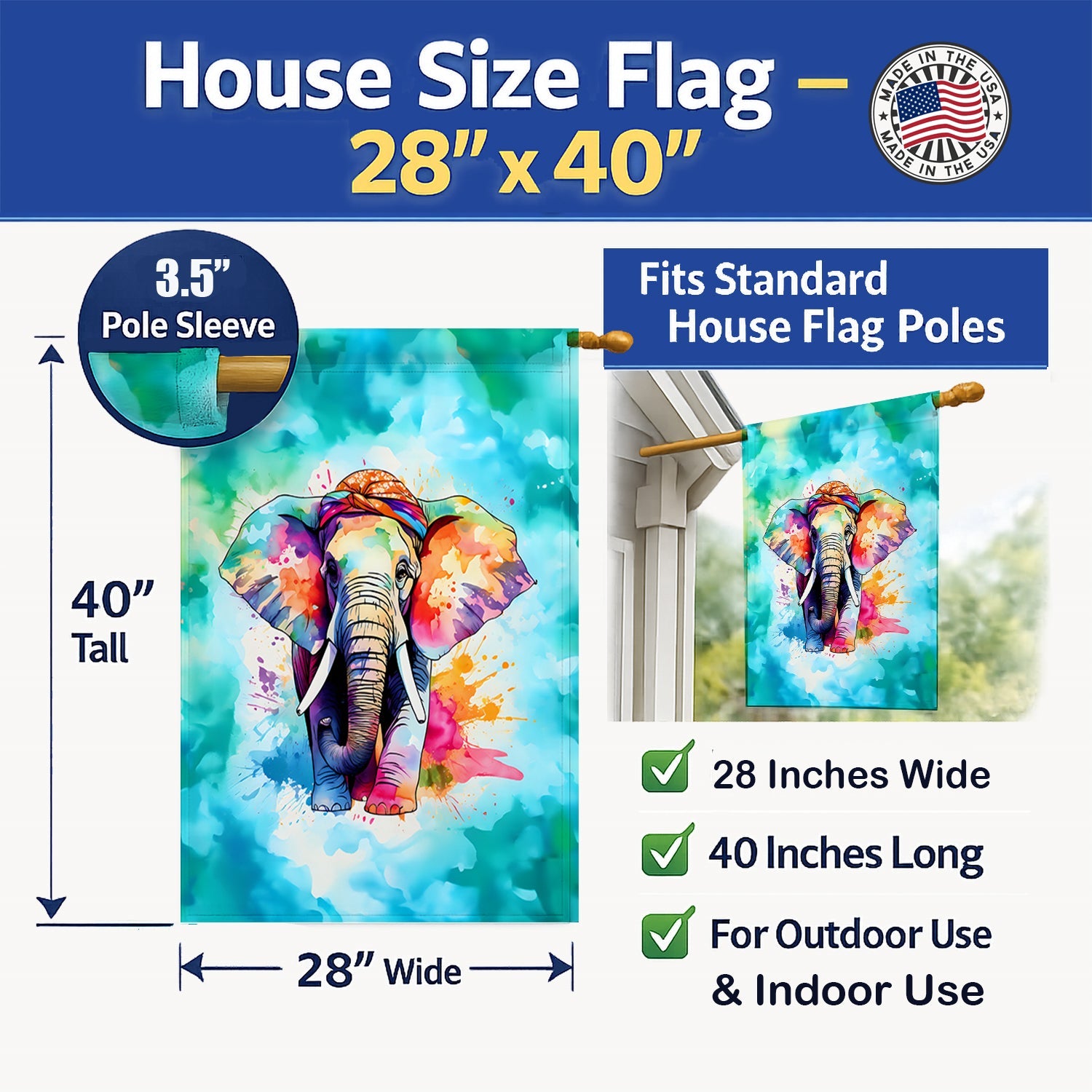 Hippie Animal Elephant House Flag 28x40 Porch Sleeve Pole Decorative Outside Yard Banner Artwork Wall Hanging, Polyester