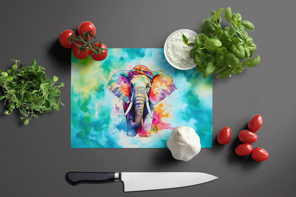 Hippie Animal Elephant Cutting Board Tempered Glass Kitchen Cutting Surface, Heat Resistant Chopping, Non-Slip Feet, Food Prep & Serving