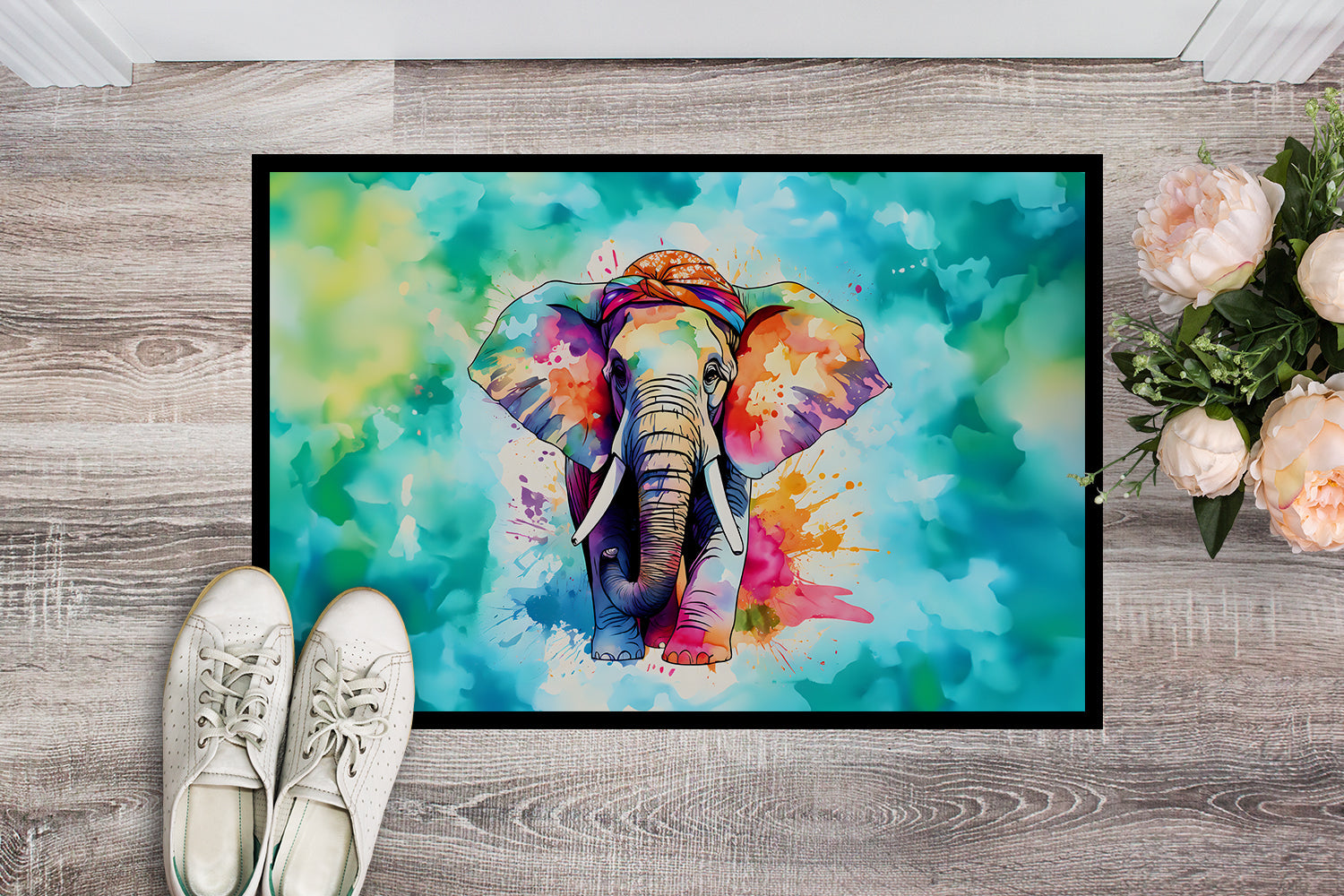Hippie Animal Elephant Doormat Indoor Outdoor 18H X 27W Front Door Mat Rugs for Entryway, Non Slip Washable