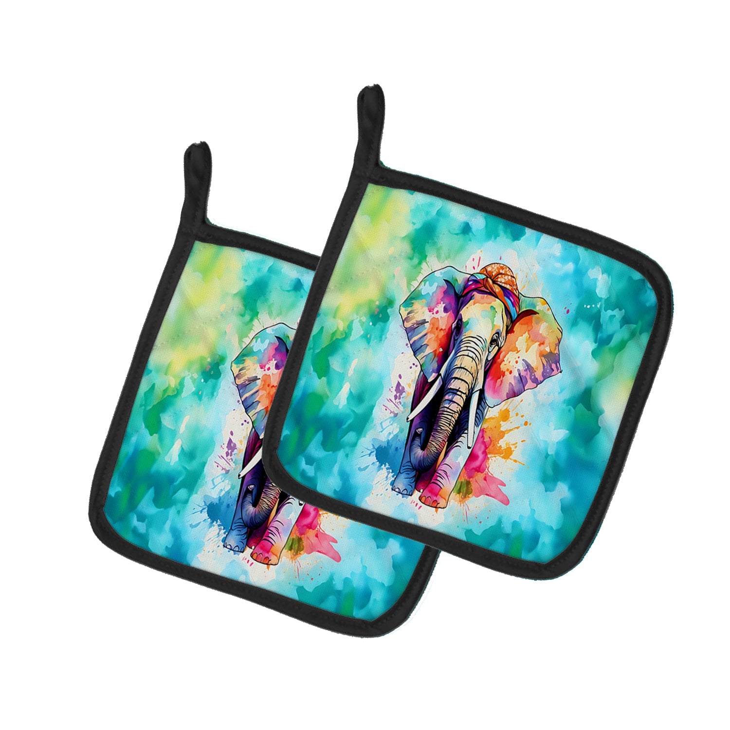 Hippie Animal Elephant Pot Holder Set of 2 Heat Resistant Quilted Hot Pads 7.5 x 7.5 Inch, Insulated Kitchen Trivets for Cooking & Baking