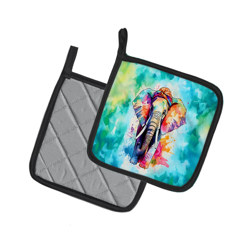 Hippie Animal Elephant Pot Holder Set of 2 Heat Resistant Quilted Hot Pads 7.5 x 7.5 Inch, Insulated Kitchen Trivets for Cooking & Baking