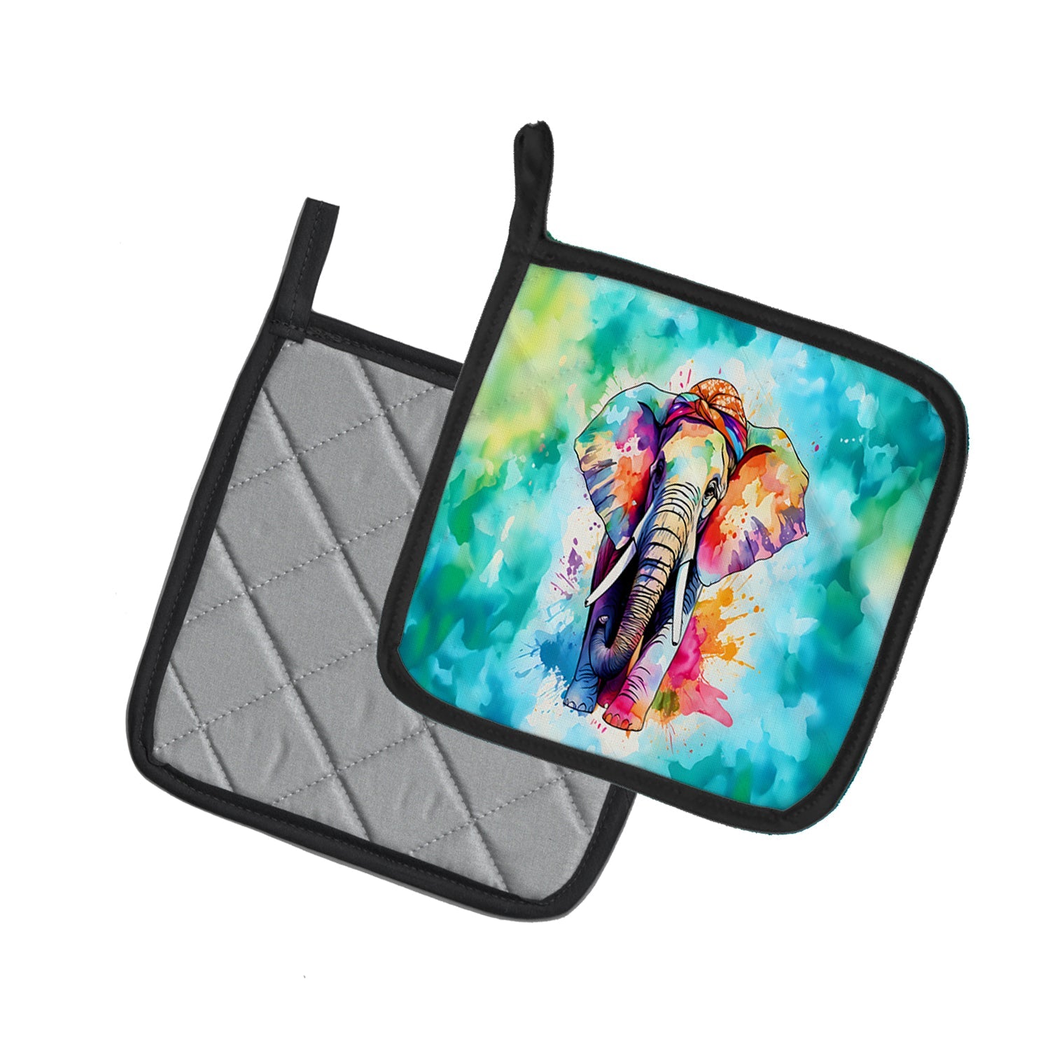 Hippie Animal Elephant Pot Holder Set of 2 Heat Resistant Quilted Hot Pads 7.5 x 7.5 Inch, Insulated Kitchen Trivets for Cooking & Baking