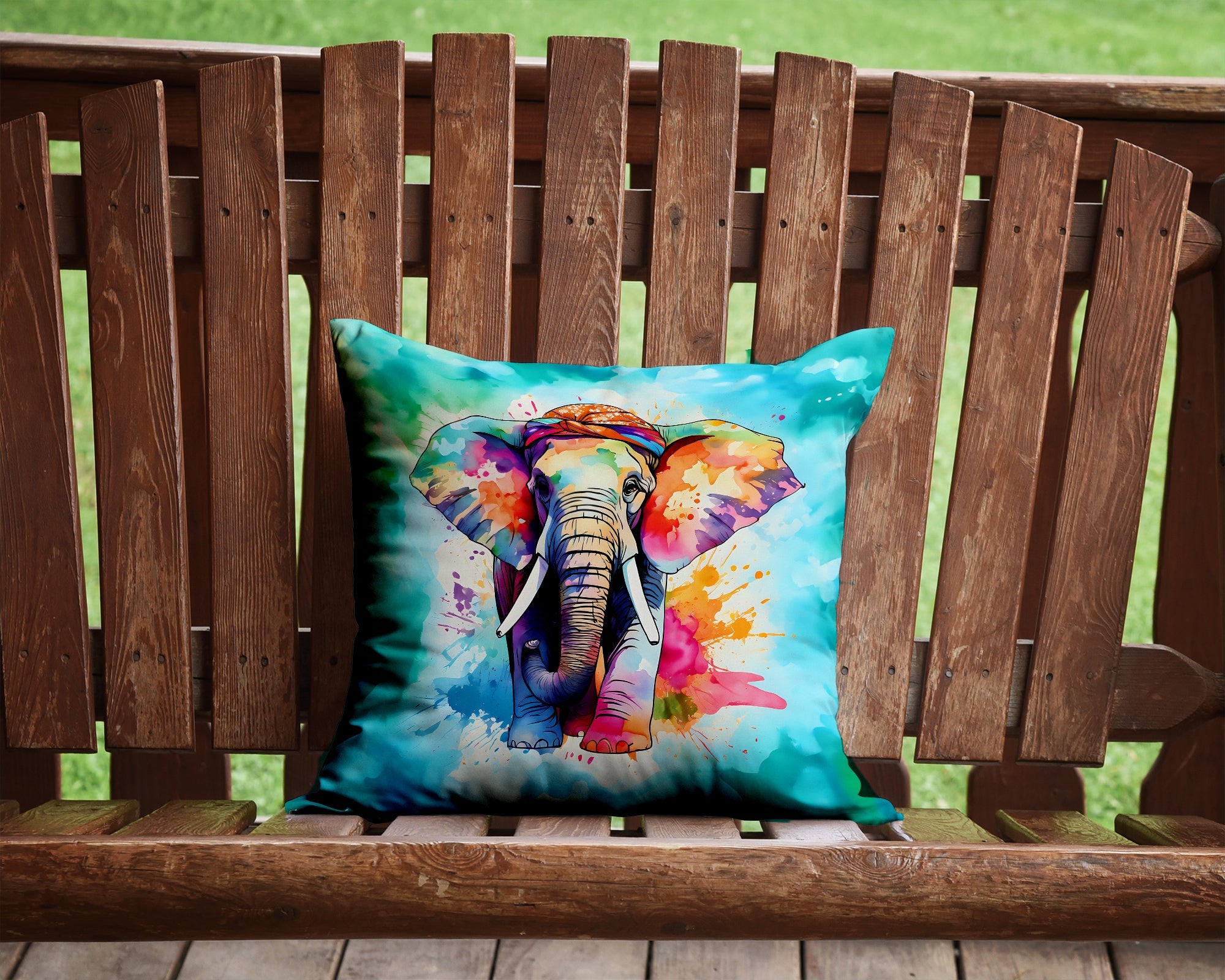 Hippie Animal Elephant Decorative Throw Pillow 14x14 Indoor Outdoor Accent Cushion, Fabric Cover with Insert for Sofa, Bed, Porch & Living Room
