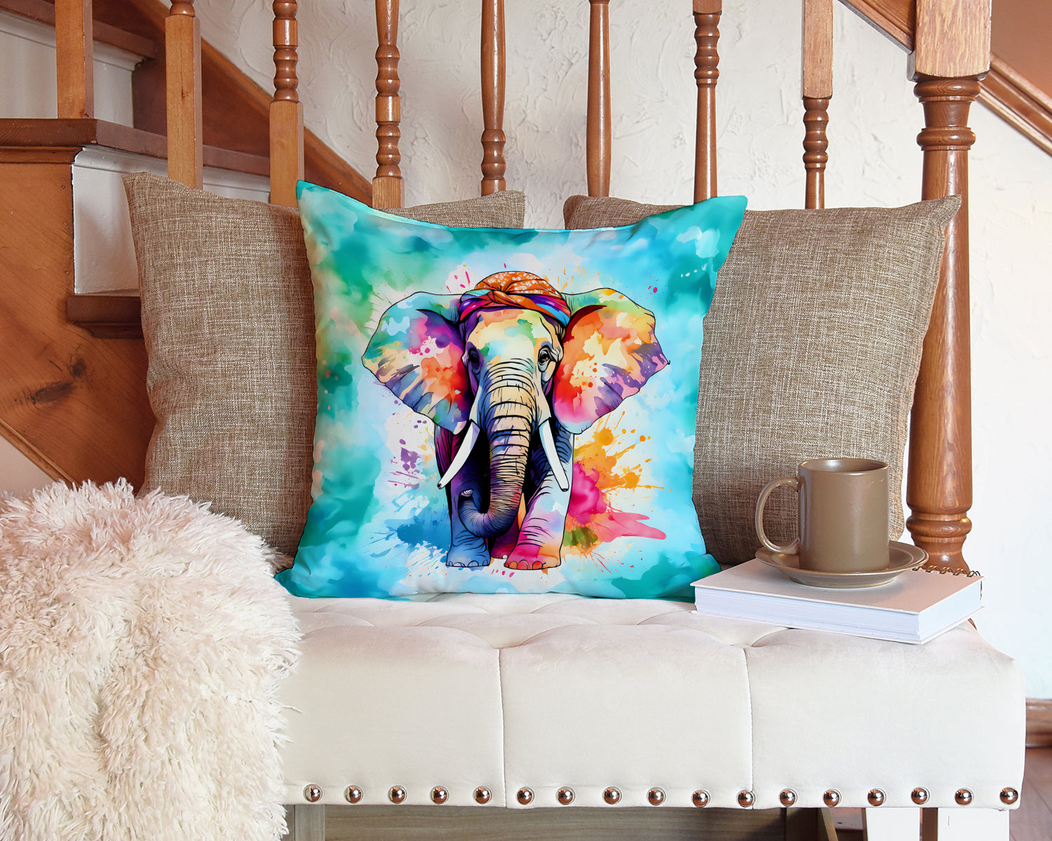 Hippie Animal Elephant Decorative Throw Pillow 14x14 Indoor Outdoor Accent Cushion, Fabric Cover with Insert for Sofa, Bed, Porch & Living Room
