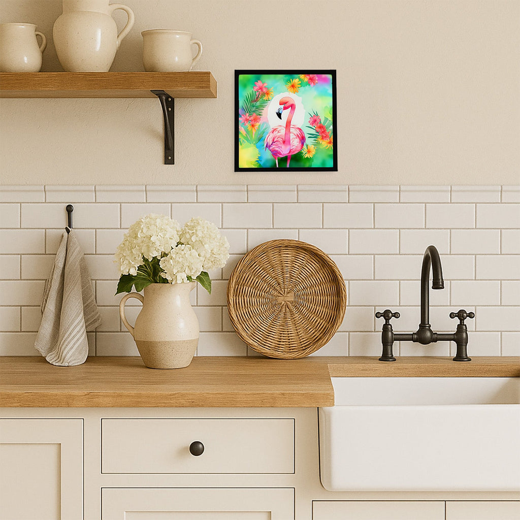 Hippie Animal Flamingo Framed Metal Print Bathroom, Kitchen, Office, Home Decor Wall Art Ready to Hang, Square, 8X8