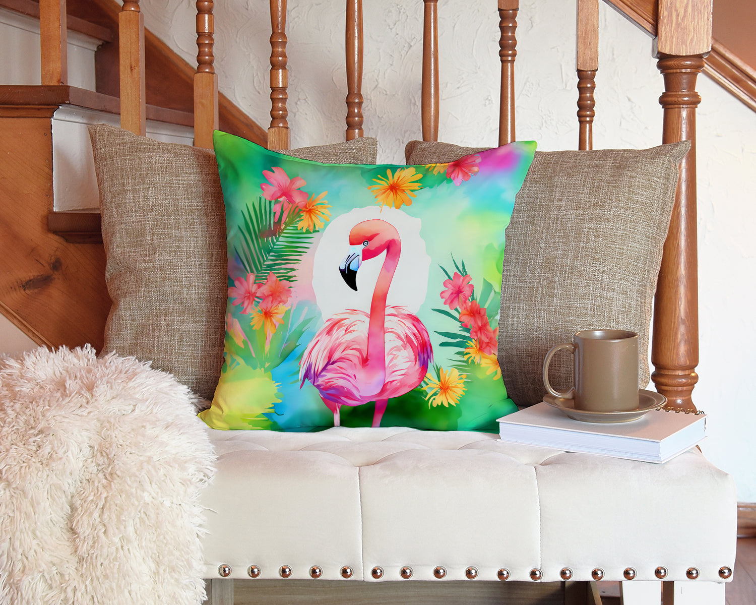 Hippie Animal Flamingo Decorative Throw Pillow 14x14 Indoor Outdoor Accent Cushion, Fabric Cover with Insert for Sofa, Bed, Porch & Living Room
