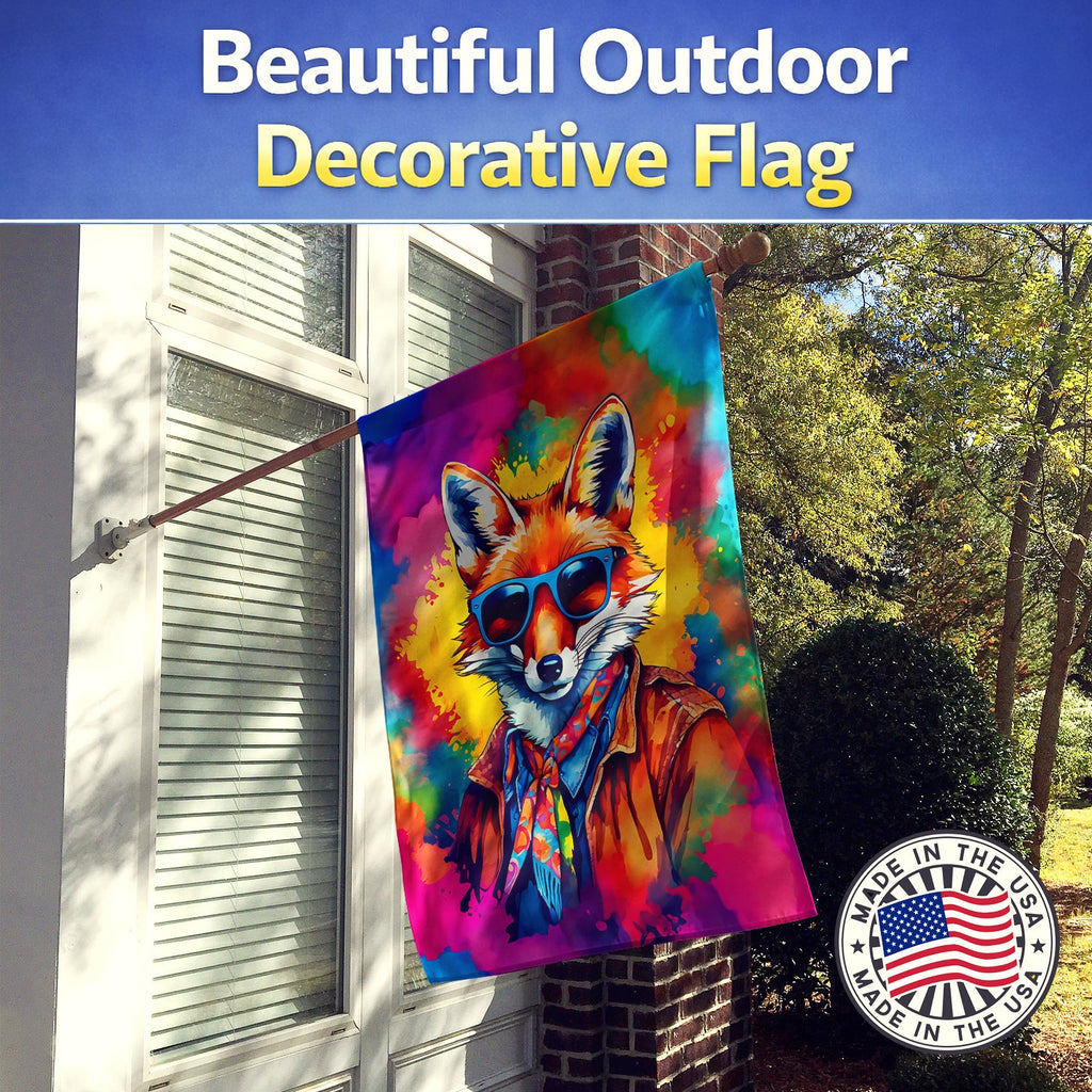 Hippie Animal Fox House Flag 28x40 Porch Sleeve Pole Decorative Outside Yard Banner Artwork Wall Hanging, Polyester