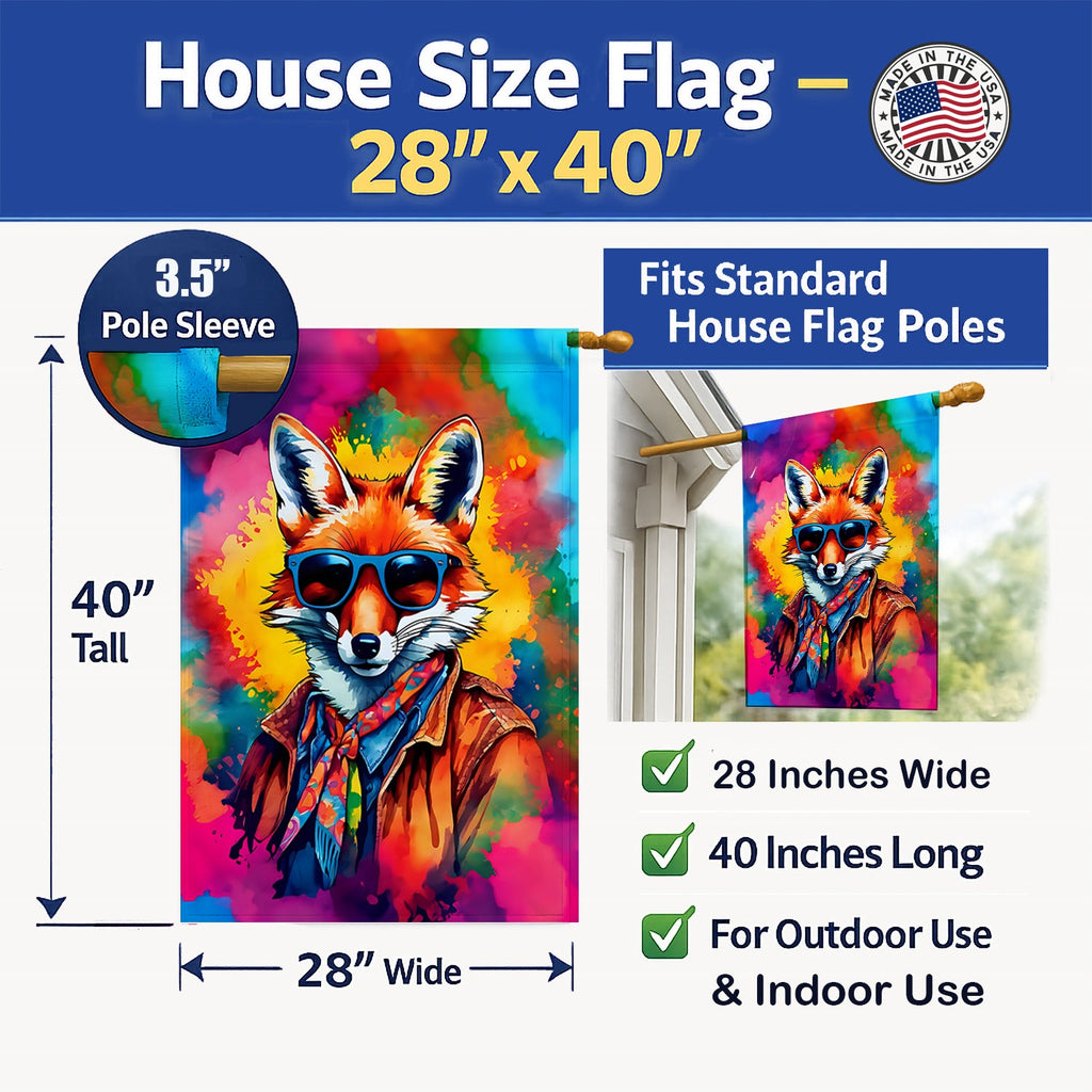 Hippie Animal Fox House Flag 28x40 Porch Sleeve Pole Decorative Outside Yard Banner Artwork Wall Hanging, Polyester