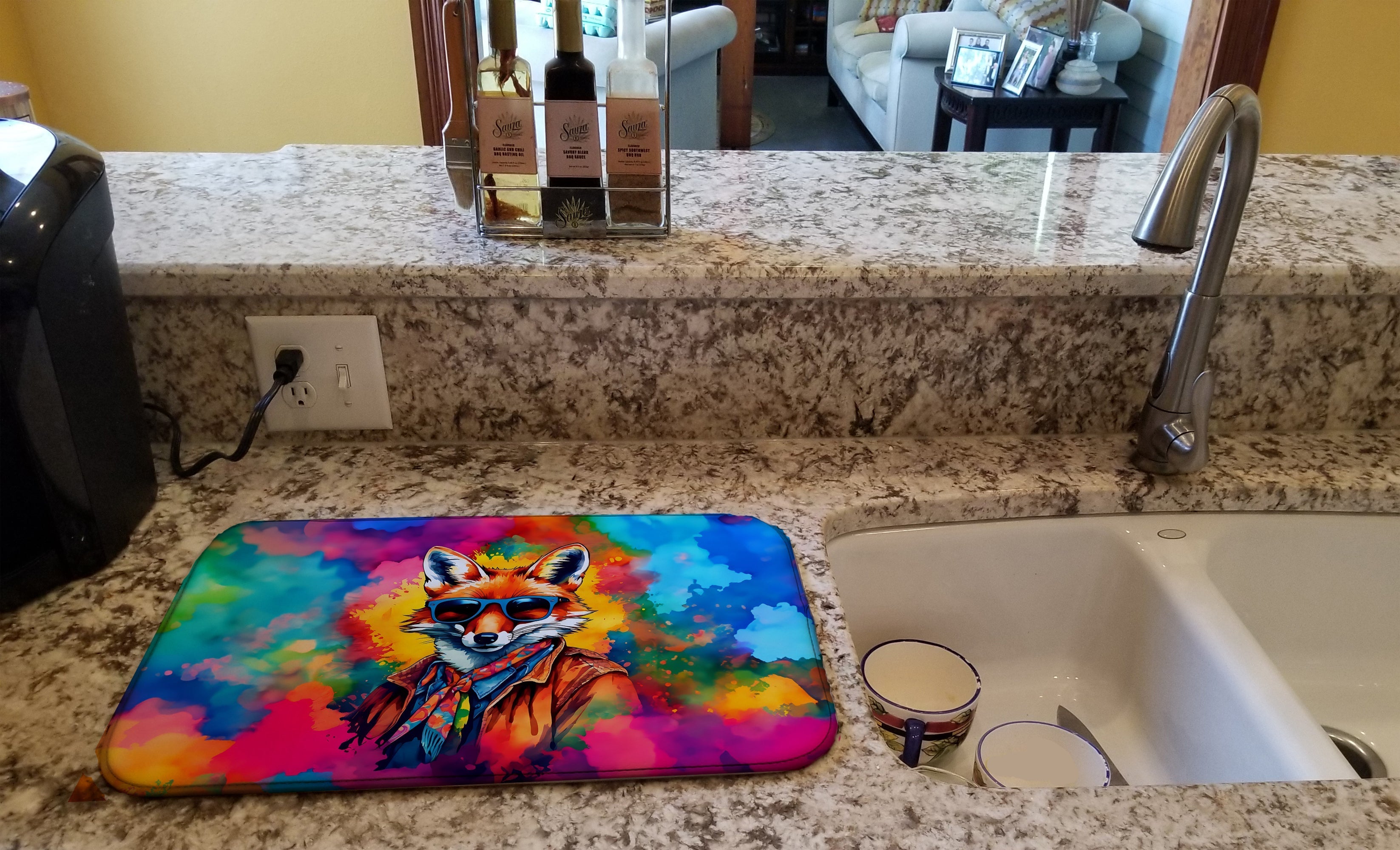 Hippie Animal Fox Dish Drying Mat Absorbent Dish Drying Mat Pad for Kitchen Counter Dish Drainer Mat for Countertop, 14 x 21", Multicolor