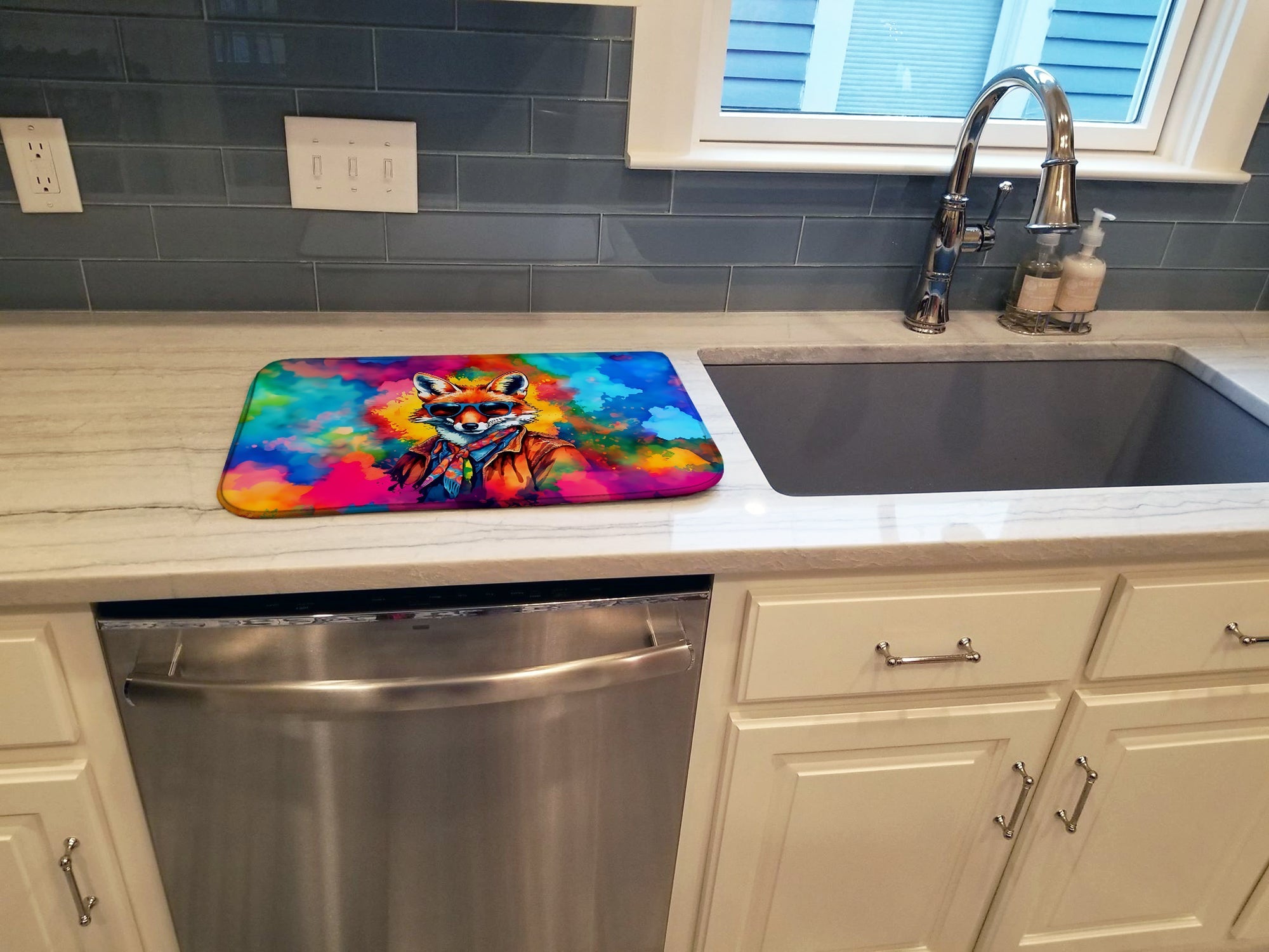 Hippie Animal Fox Dish Drying Mat Absorbent Dish Drying Mat Pad for Kitchen Counter Dish Drainer Mat for Countertop, 14 x 21", Multicolor